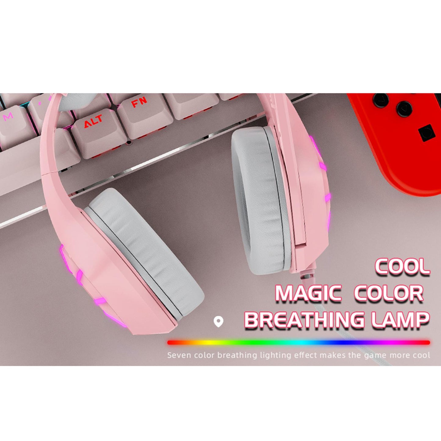 Gaming Headset with Pink Cat Ear Soft Earmuffs 3.5mm for Mobile Phone Laptop
