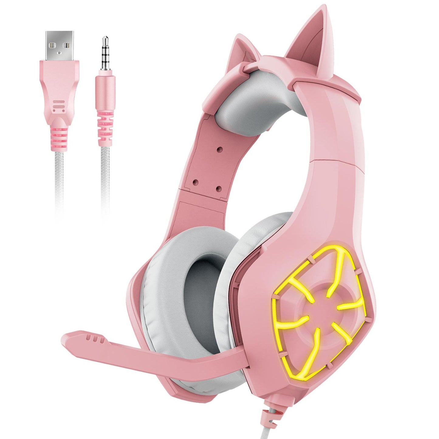 Gaming Headset with Pink Cat Ear Soft Earmuffs 3.5mm for Mobile Phone Laptop