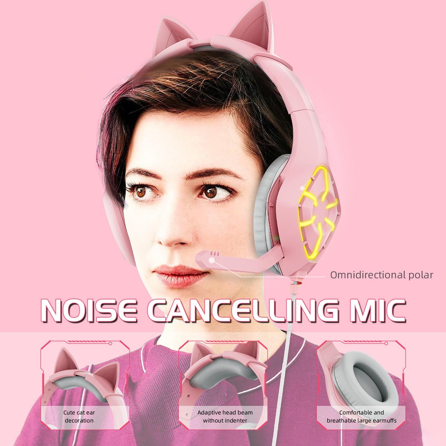 Gaming Headset with Pink Cat Ear Soft Earmuffs 3.5mm for Mobile Phone Laptop