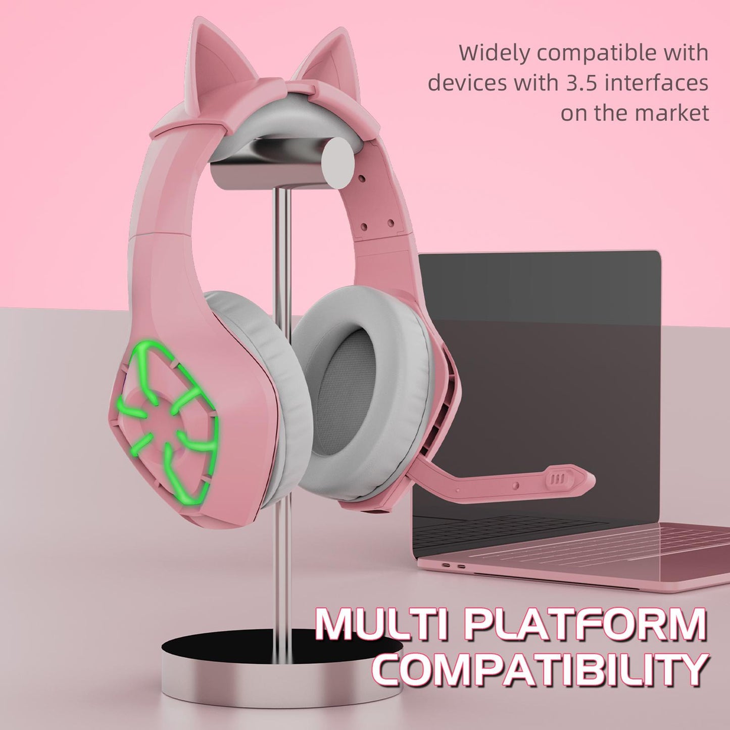 Gaming Headset with Pink Cat Ear Soft Earmuffs 3.5mm for Mobile Phone Laptop