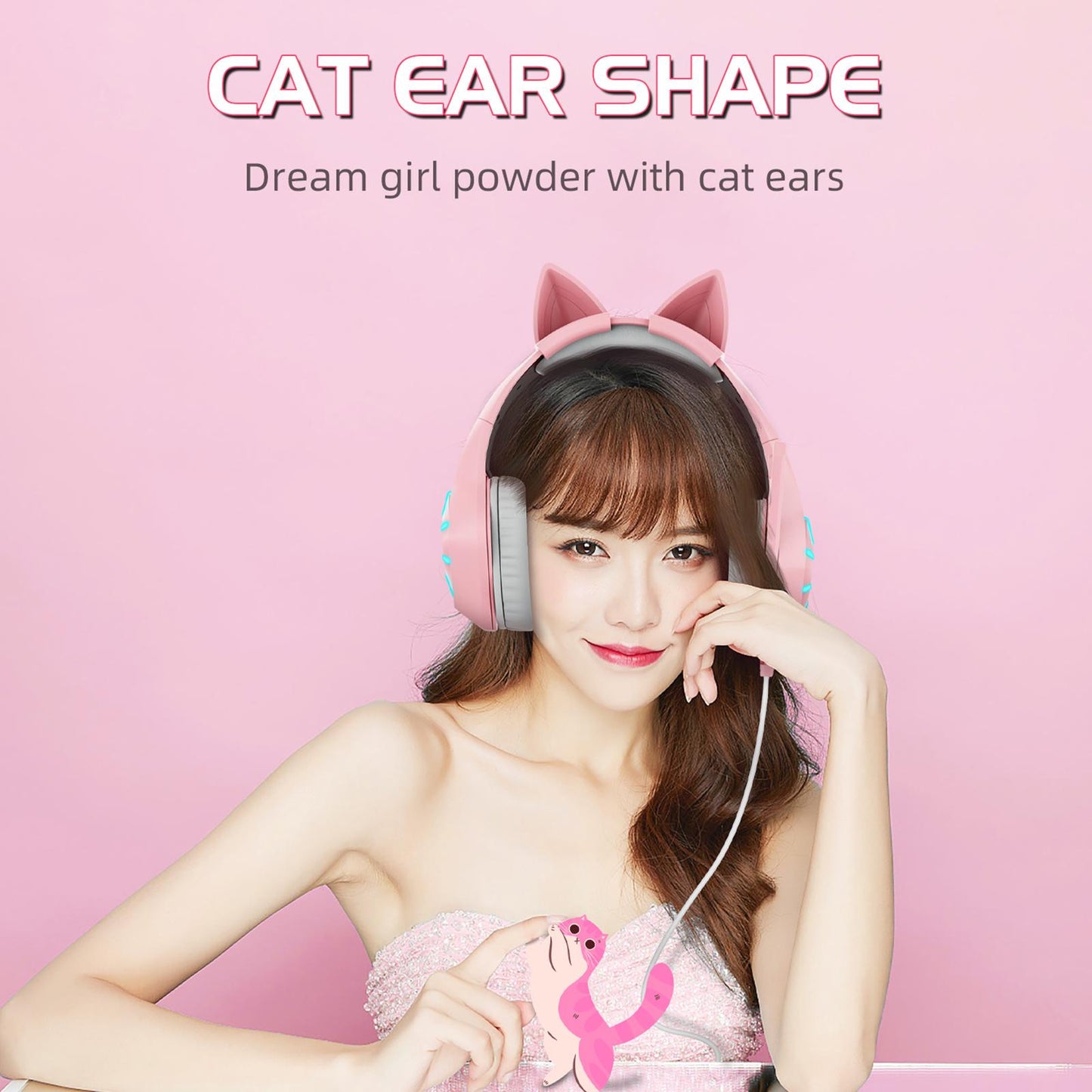 Gaming Headset with Pink Cat Ear Soft Earmuffs 3.5mm for Mobile Phone Laptop