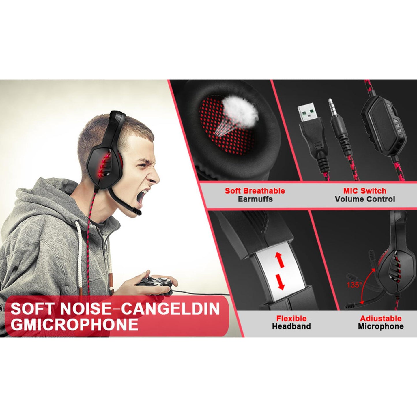 Gaming Headset Eating Chicken Luminous with Microphone for Smartphones Music Black Red