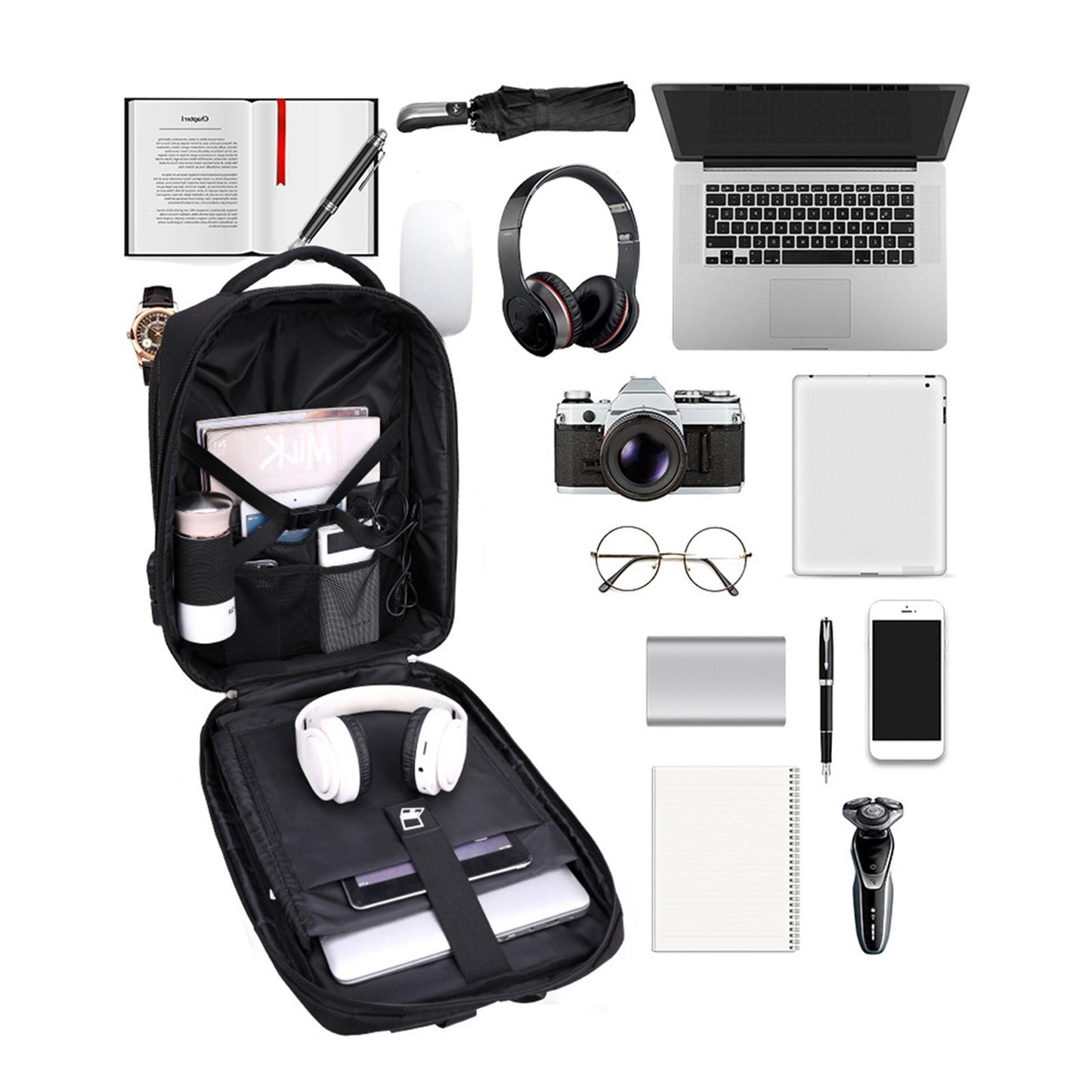 Water Resistant Laptop Backpack with USB Port Clean Design for Boys Girls black with lock