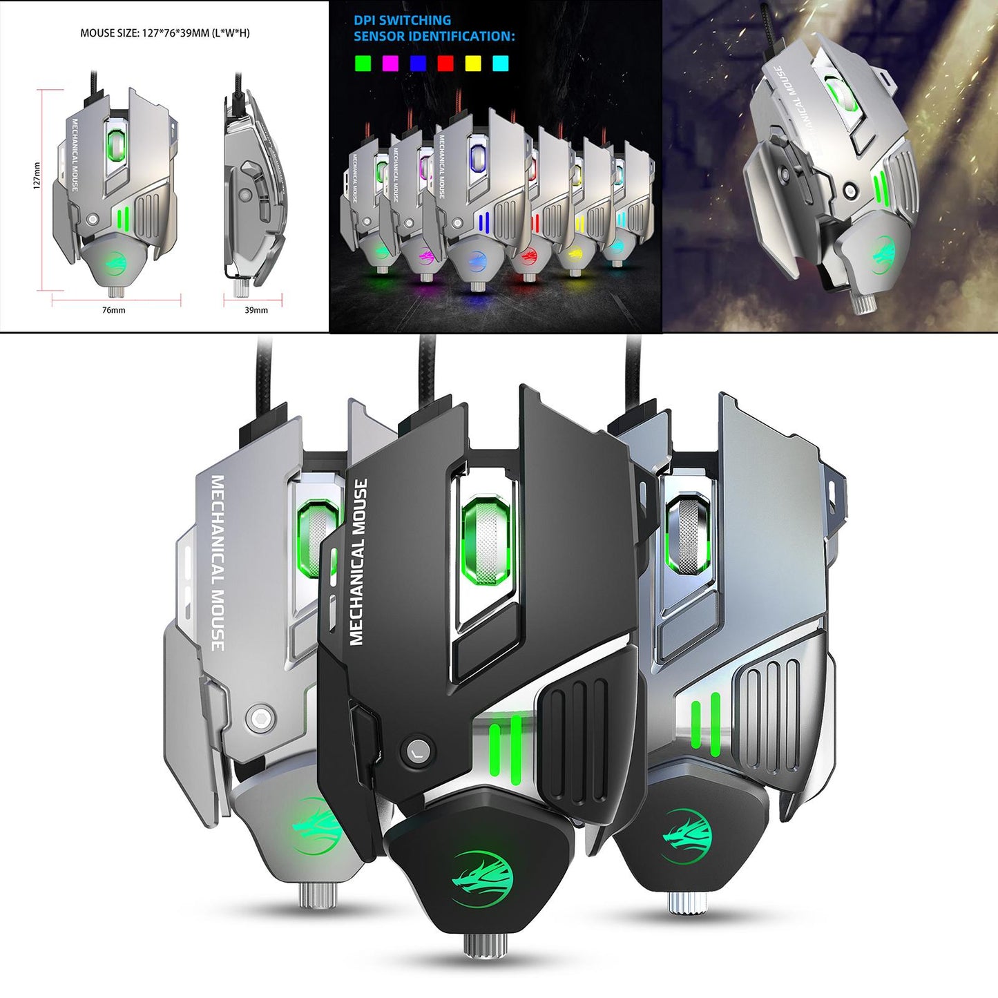 Gaming Mouse 7 Buttons 7200DPI Backlit for Computer Laptop Desktop PC Silver