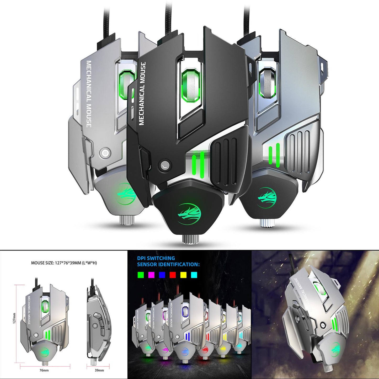 Gaming Mouse 7 Buttons 7200DPI Backlit for Computer Laptop Desktop PC Silver