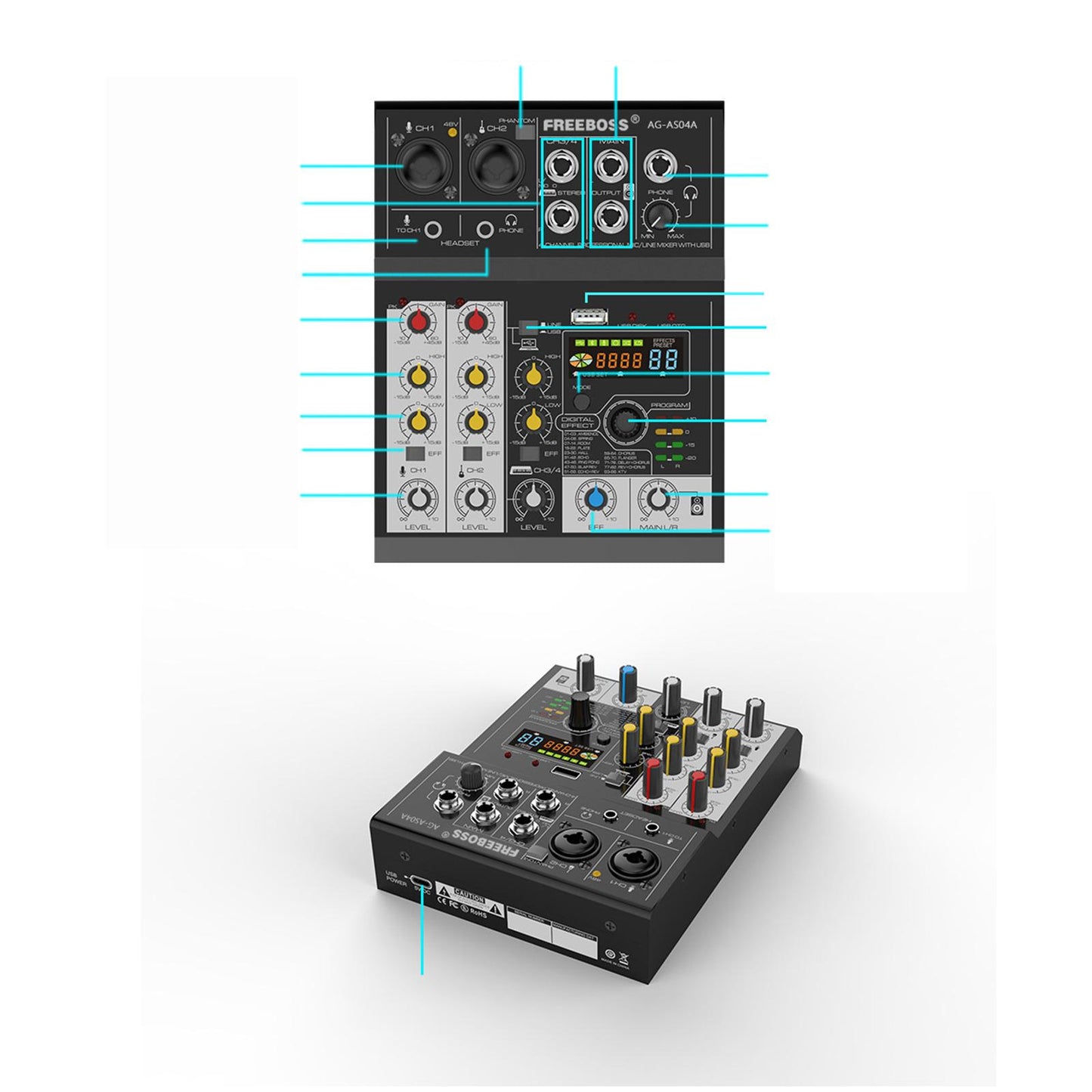 Multifunctional 4CH DC 5V Bluetooth Audio Mixer Mixing Console Mobile Phones