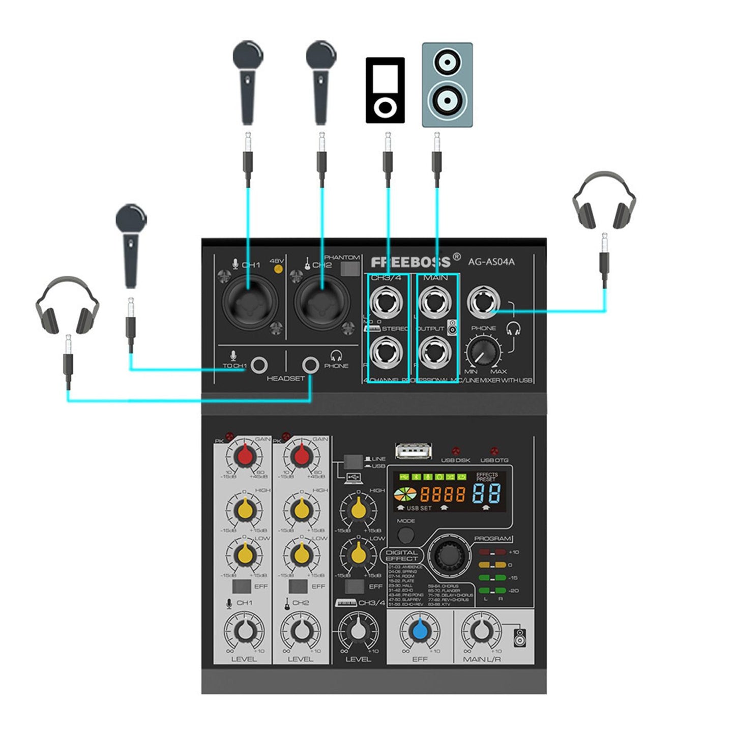 Multifunctional 4CH DC 5V Bluetooth Audio Mixer Mixing Console Mobile Phones