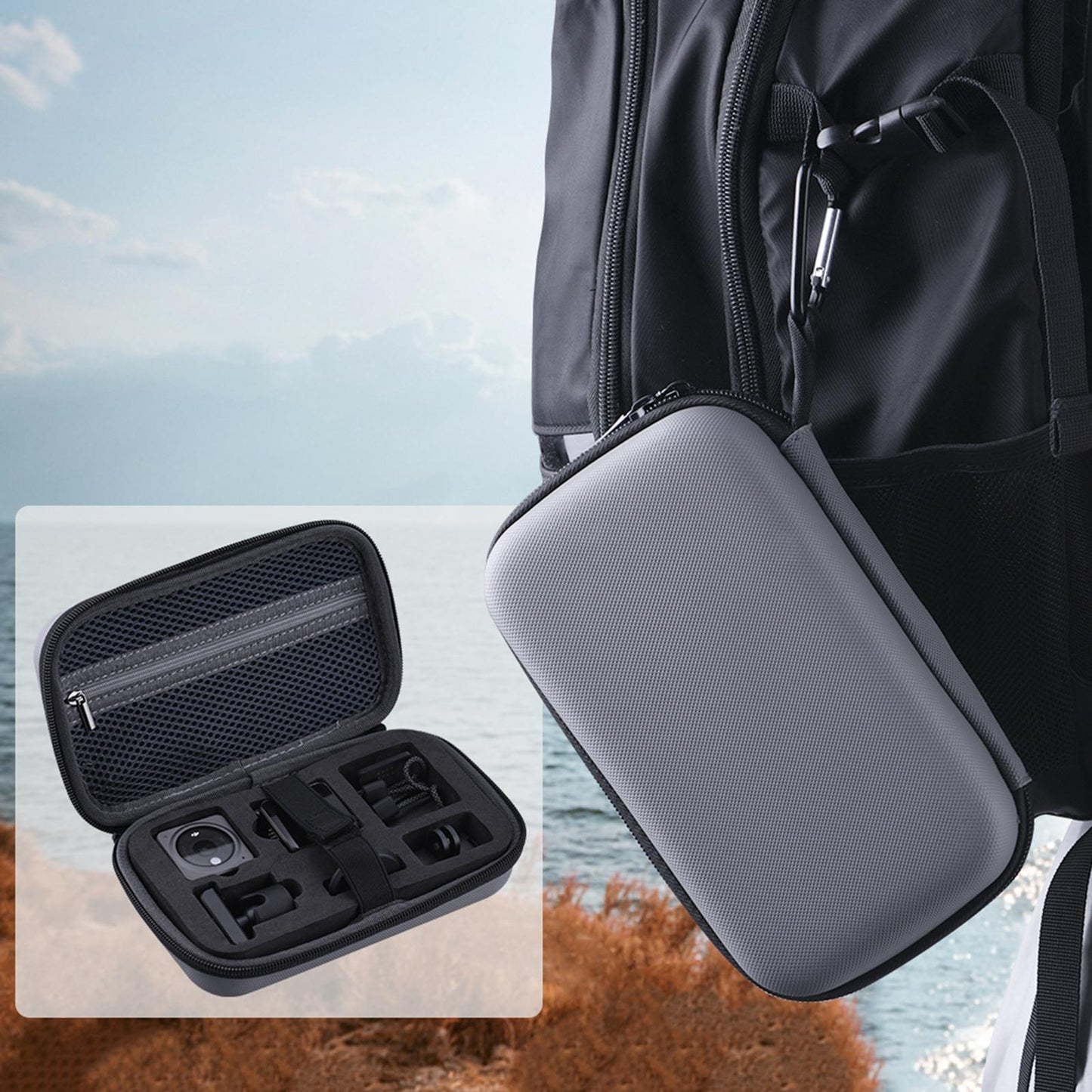 Portable Carrying Box W/ Carabiner Hardshell Handbag for DJI Action 2 Gray
