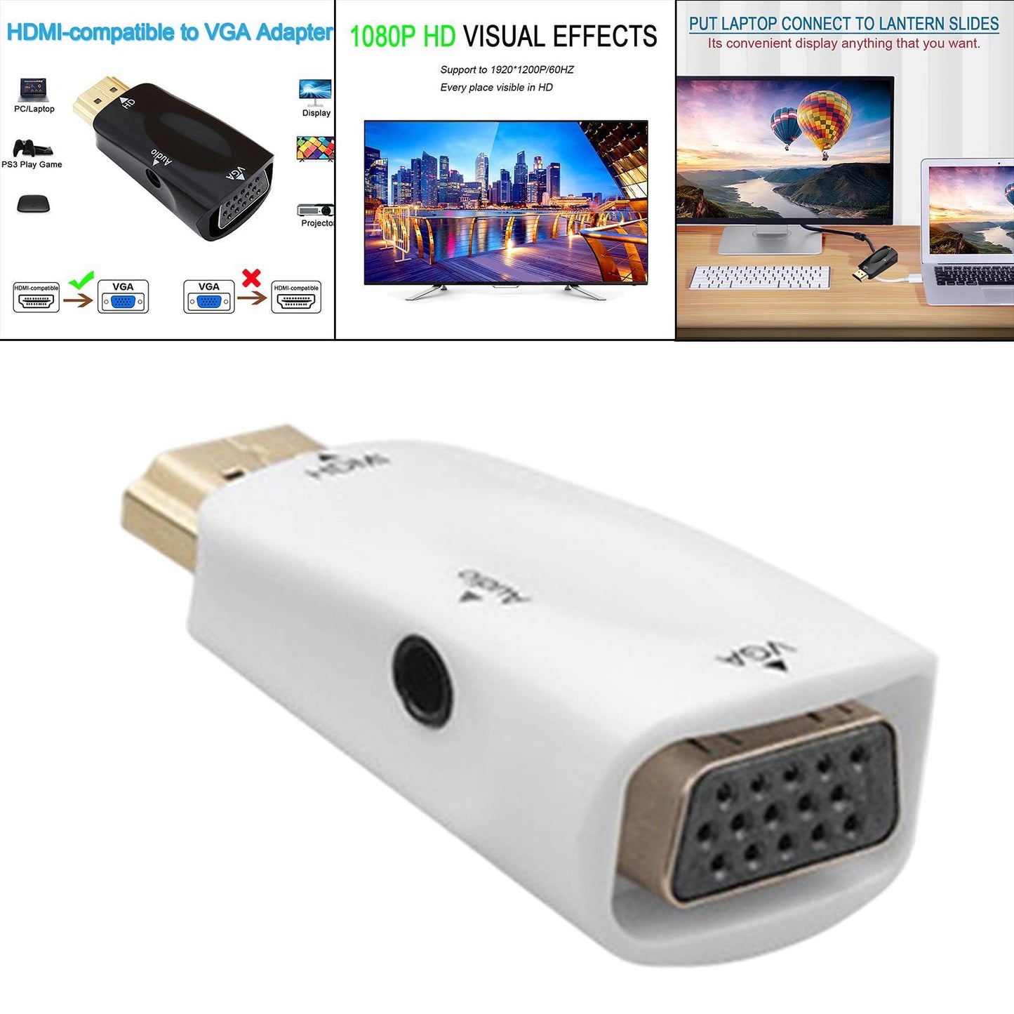 Hdmi-Compatible to VGA Male to Female for Computer Projector white