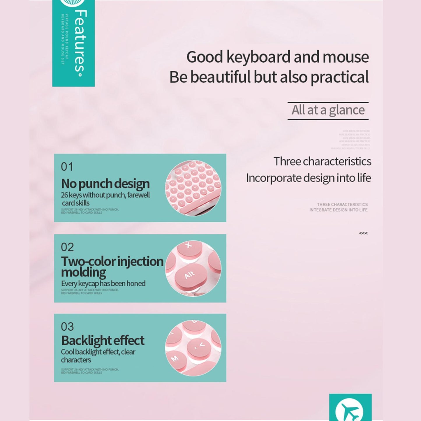 V8 Round Keycaps Gaming Wired Keyboard Mouse for PC Desktop Black