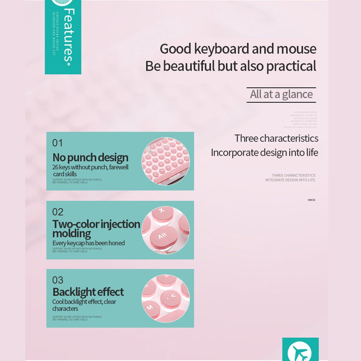 V8 Round Keycaps Gaming Wired Keyboard Mouse for PC Desktop Green