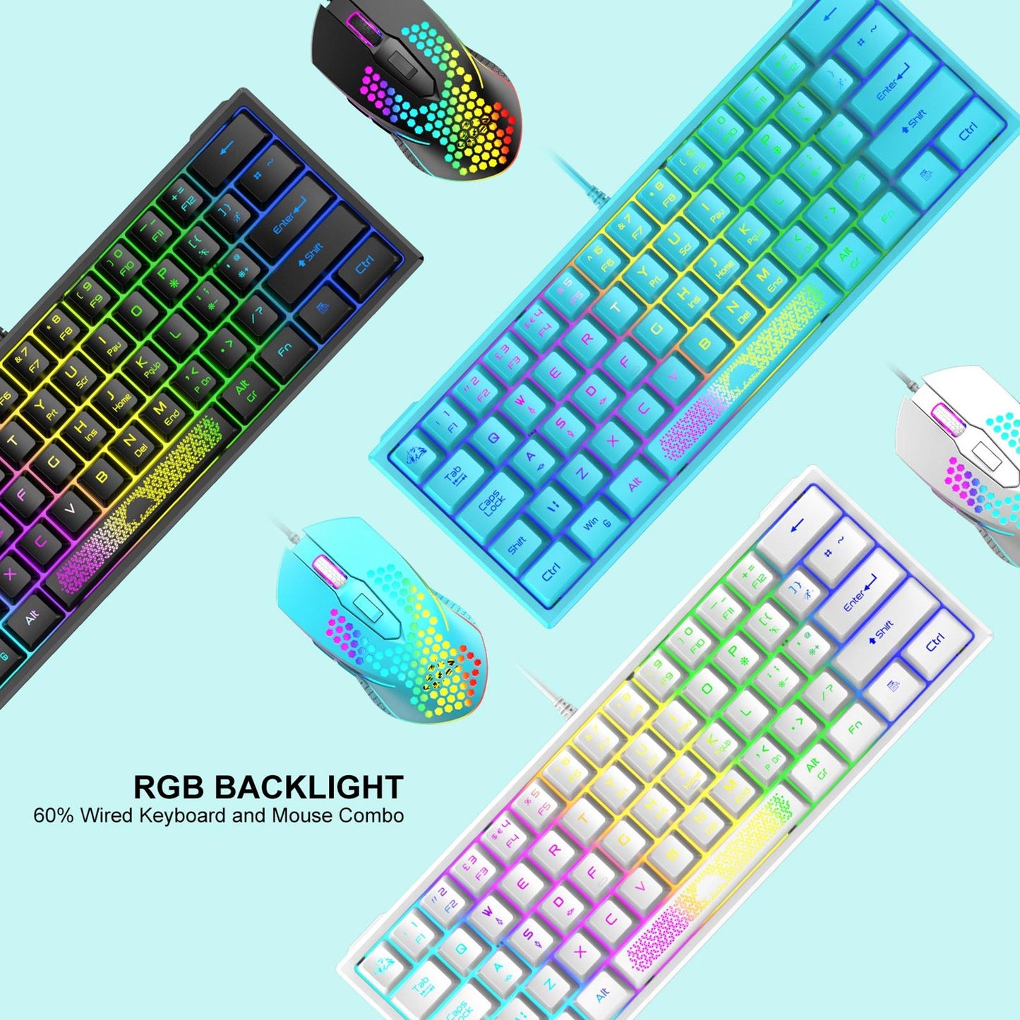 RGB Backlit 62 Key Game Keyboard 60% Layout Wired for Business blue
