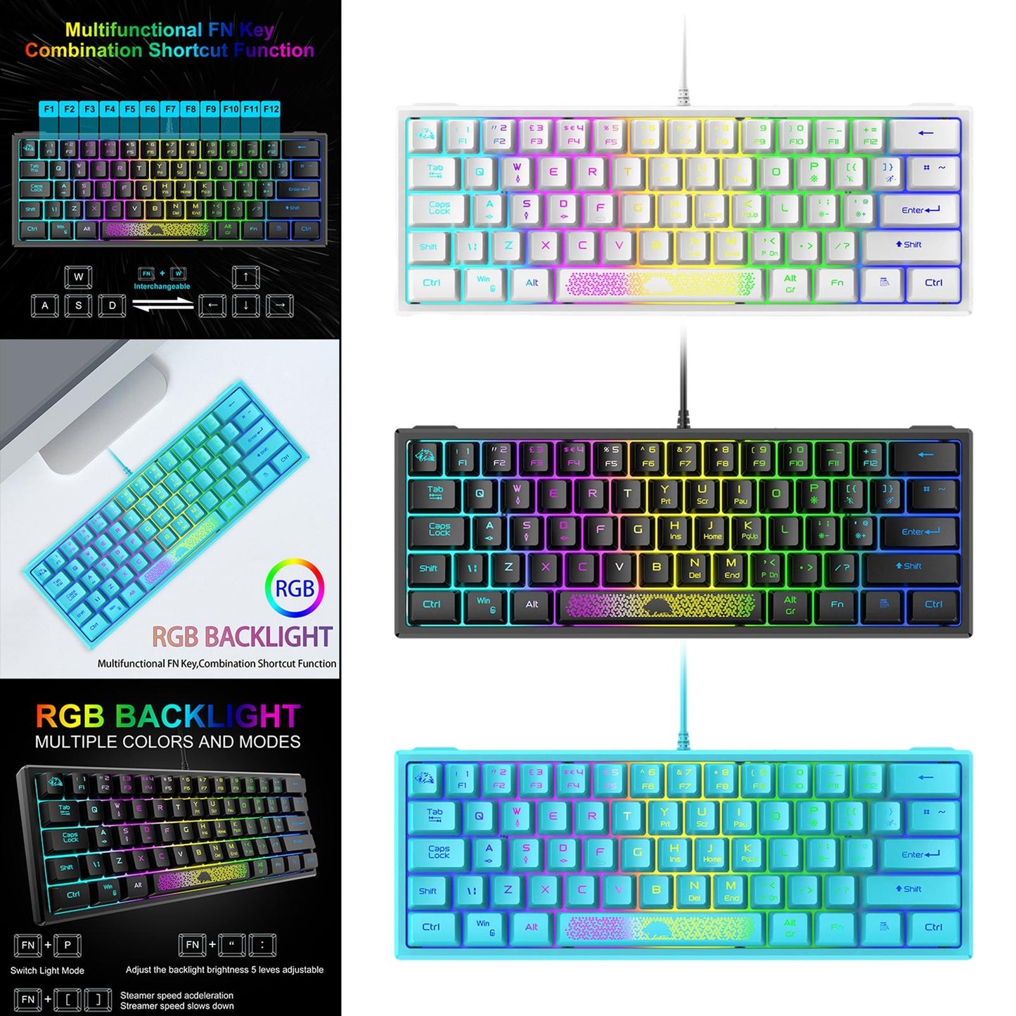 RGB Backlit 62 Key Game Keyboard 60% Layout Wired for Business blue