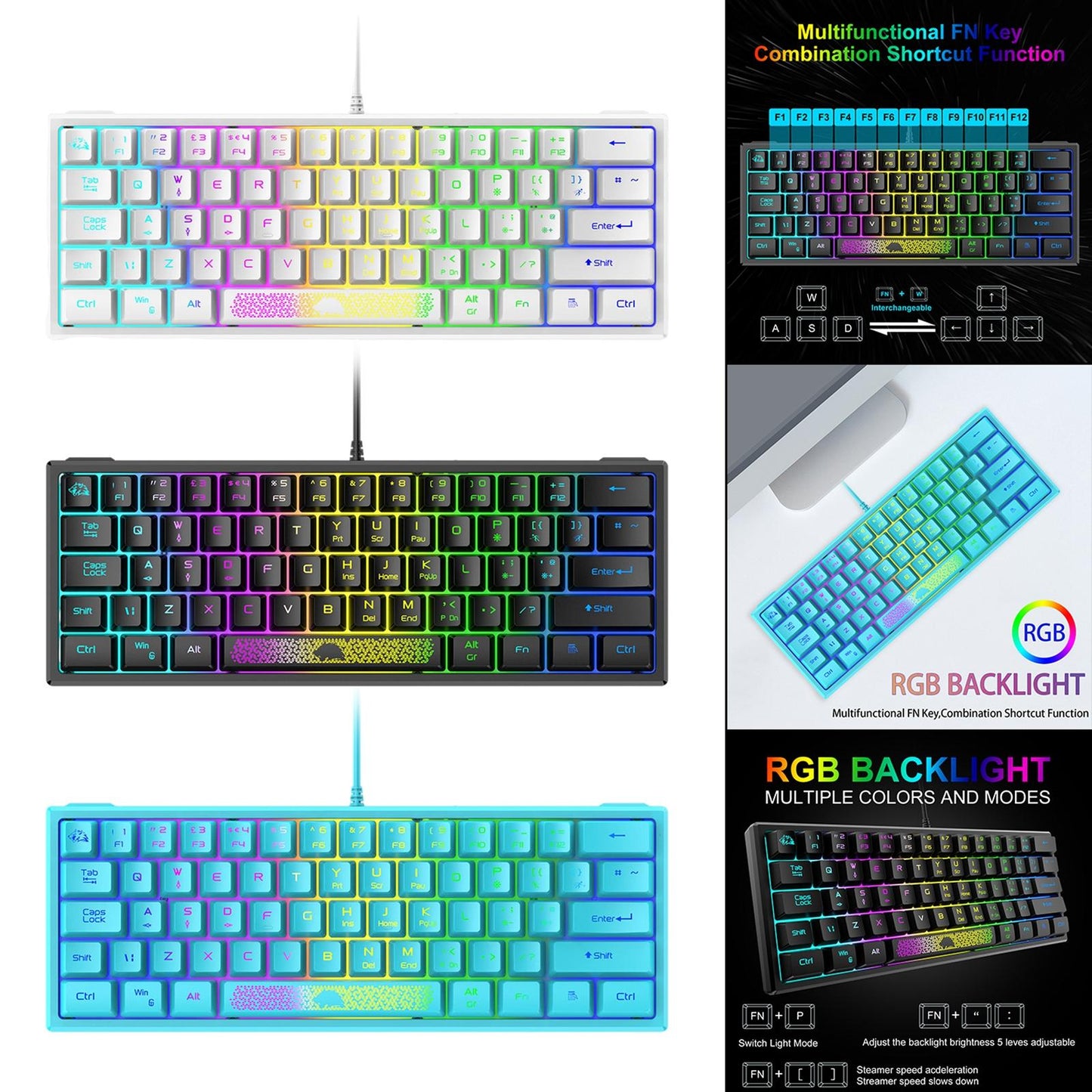 RGB Backlit 62 Key Game Keyboard 60% Layout Wired for Business blue