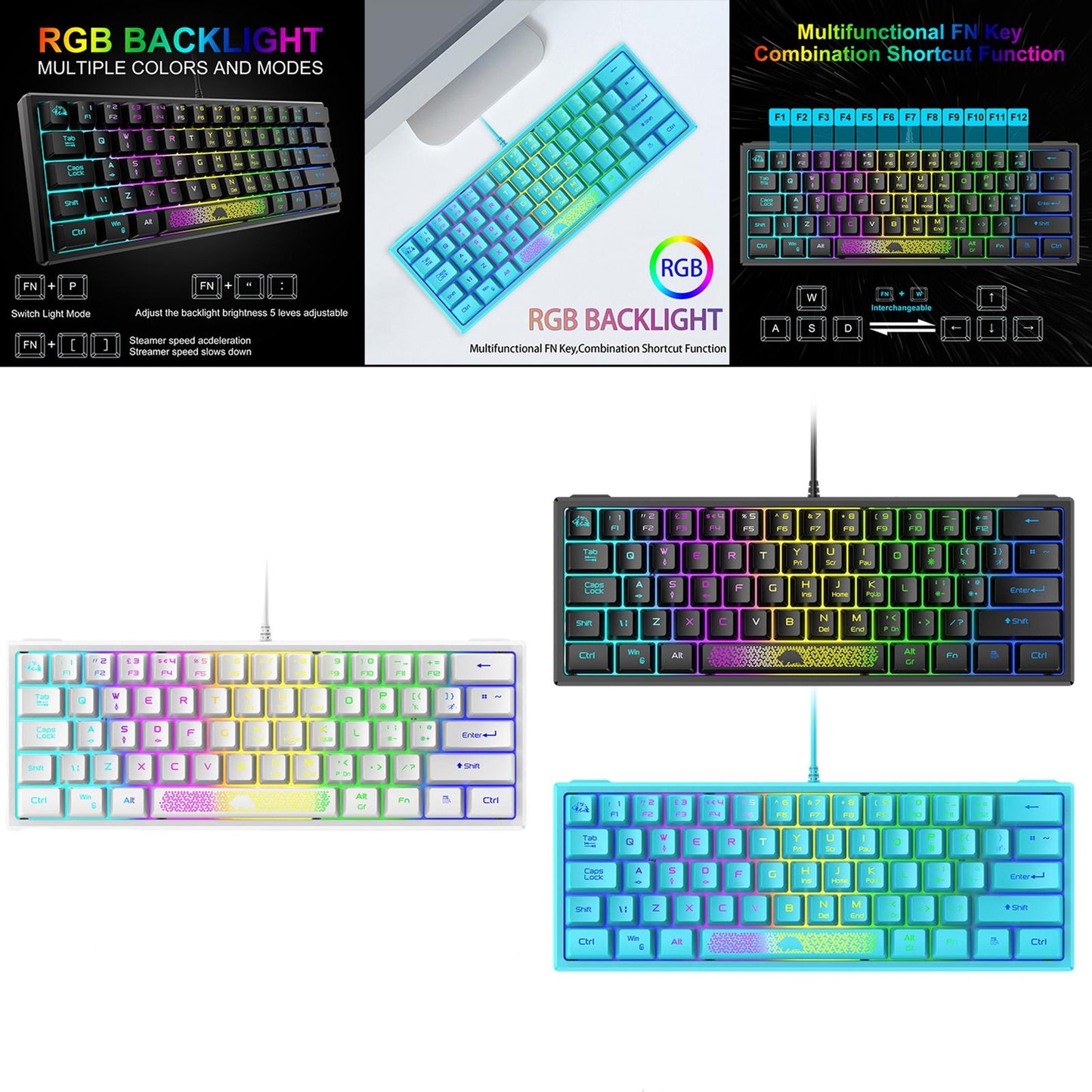 RGB Backlit 62 Key Game Keyboard 60% Layout Wired for Business blue