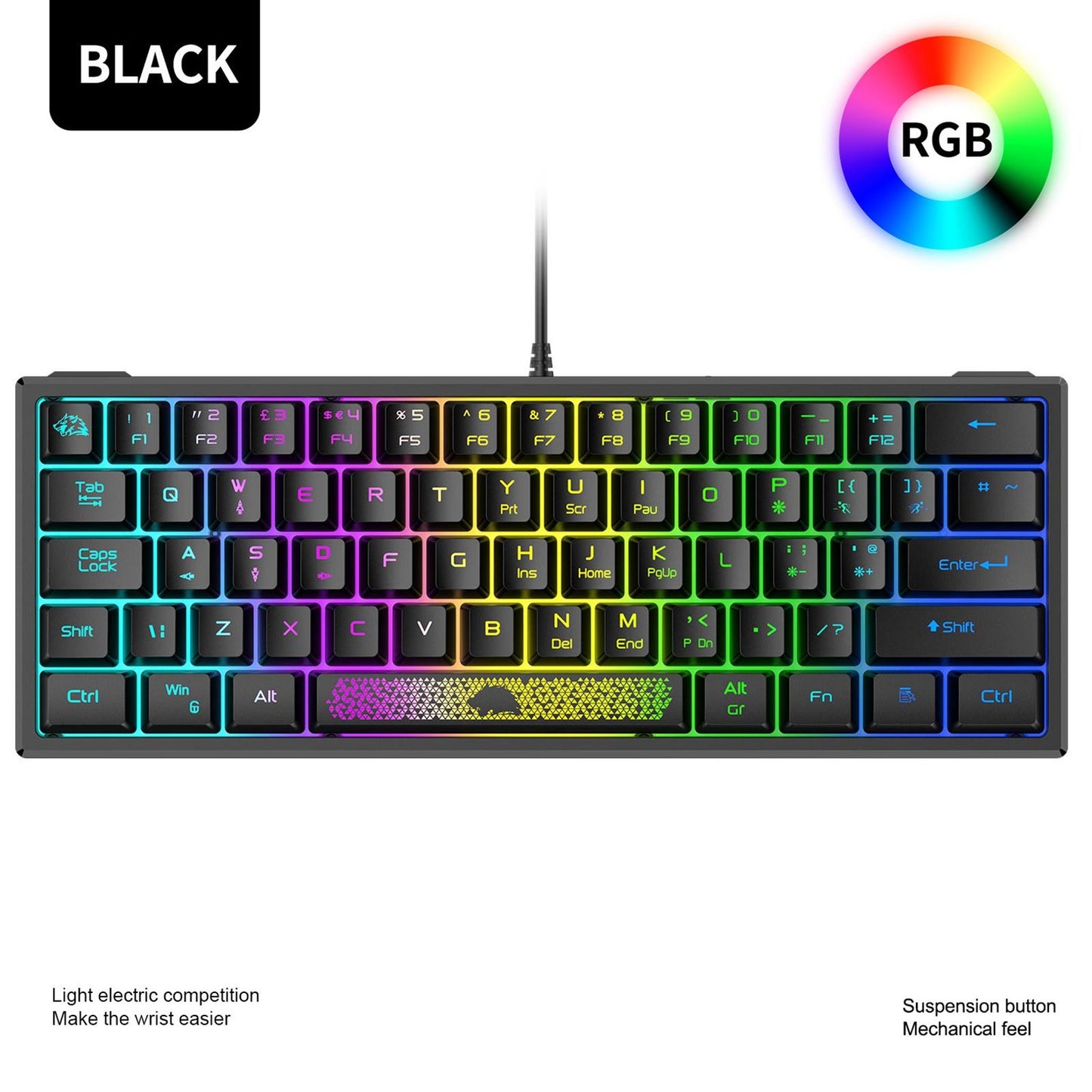 RGB Backlit 62 Key Game Keyboard 60% Layout Wired for Business black
