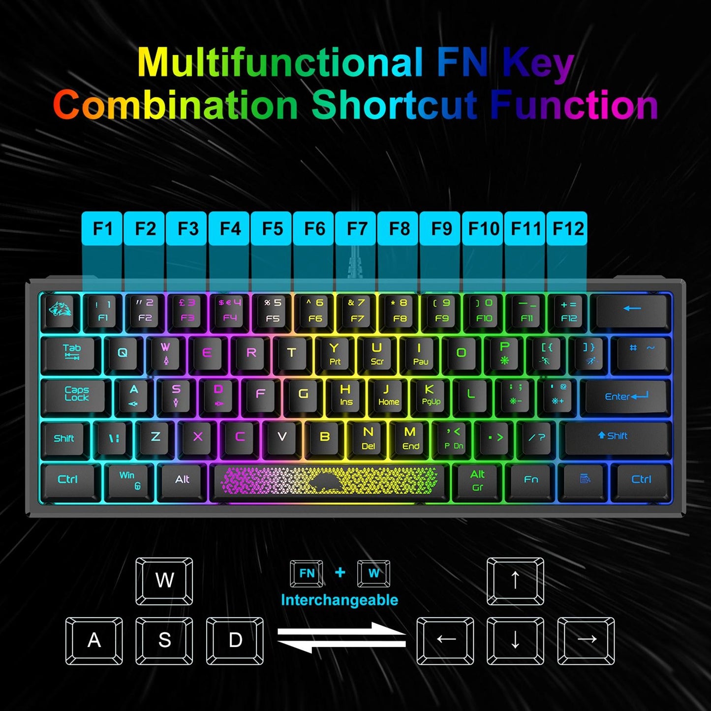 RGB Backlit 62 Key Game Keyboard 60% Layout Wired for Business black