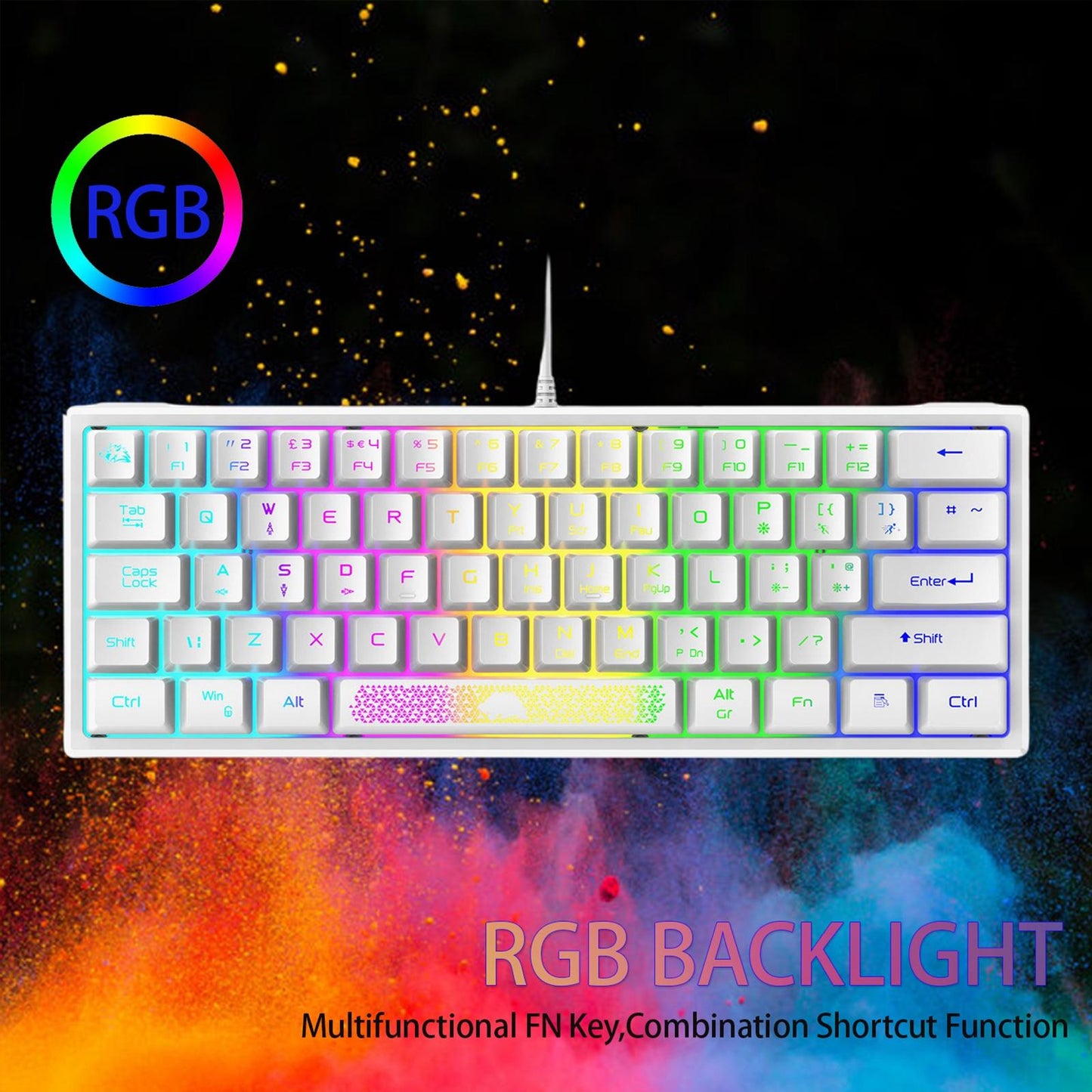 RGB Backlit 62 Key Game Keyboard 60% Layout Wired for Business white