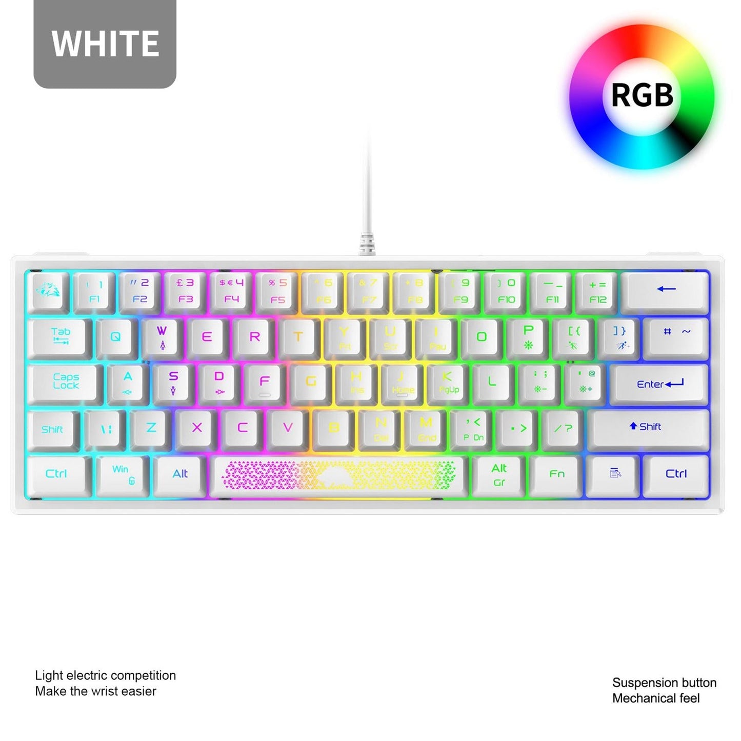 RGB Backlit 62 Key Game Keyboard 60% Layout Wired for Business white