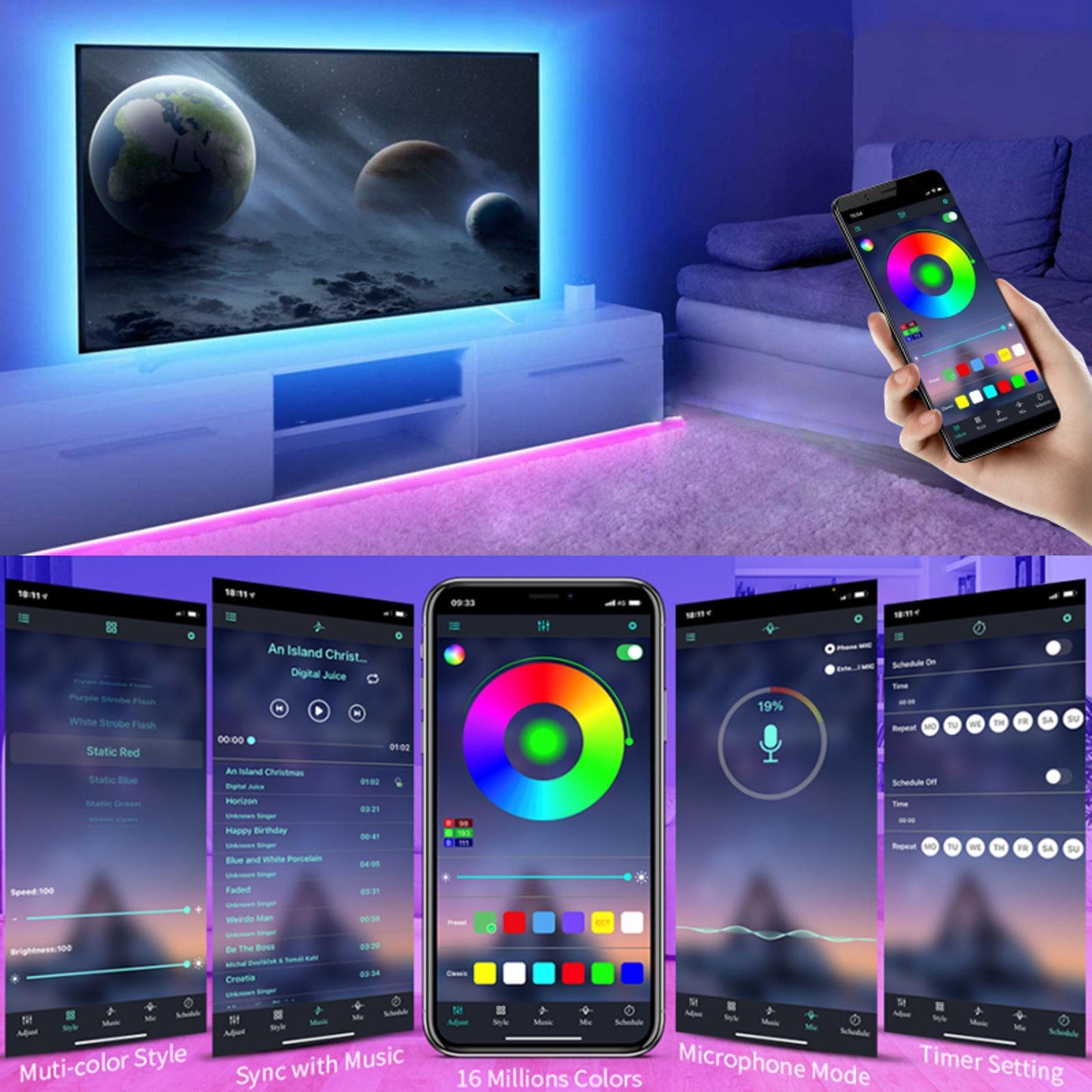 USB LED Strip Lamp 5M Color Changing with Remote Controller for Hallway