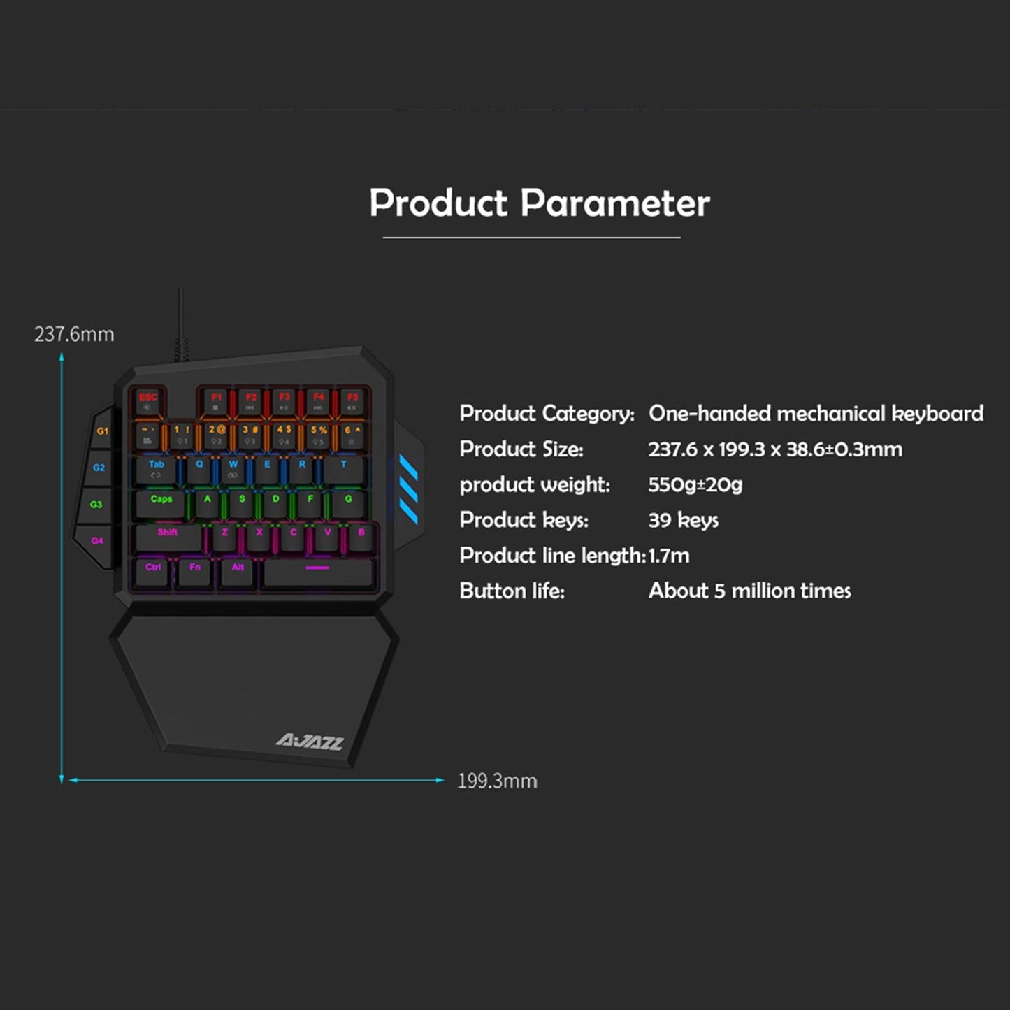 One-Handed Keyboard Wired Gamers 39 Keys Ergonomic PC Laptop Blue Switch