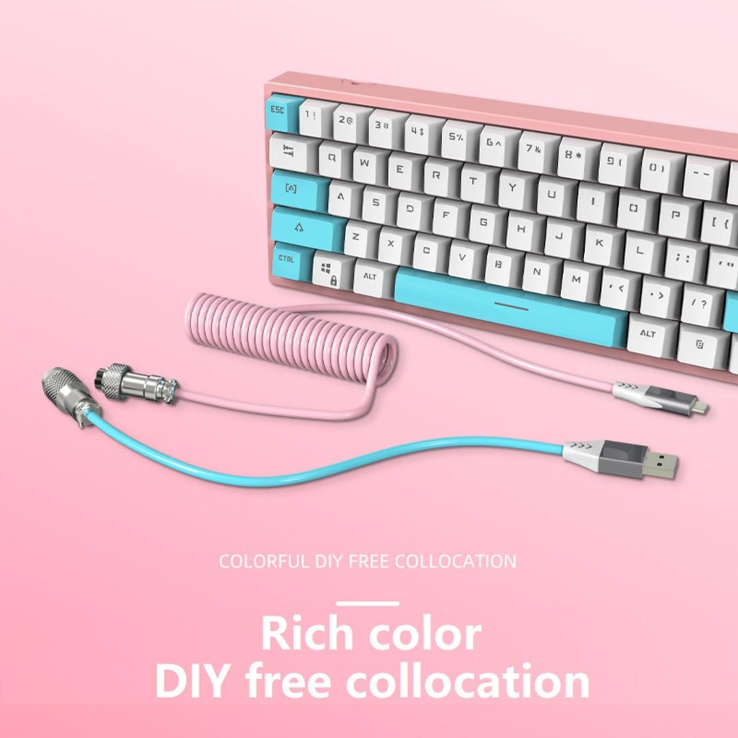 2.2M Type-C Keyboard Cable Coiled USB for Mechanical Keyboard Metal White