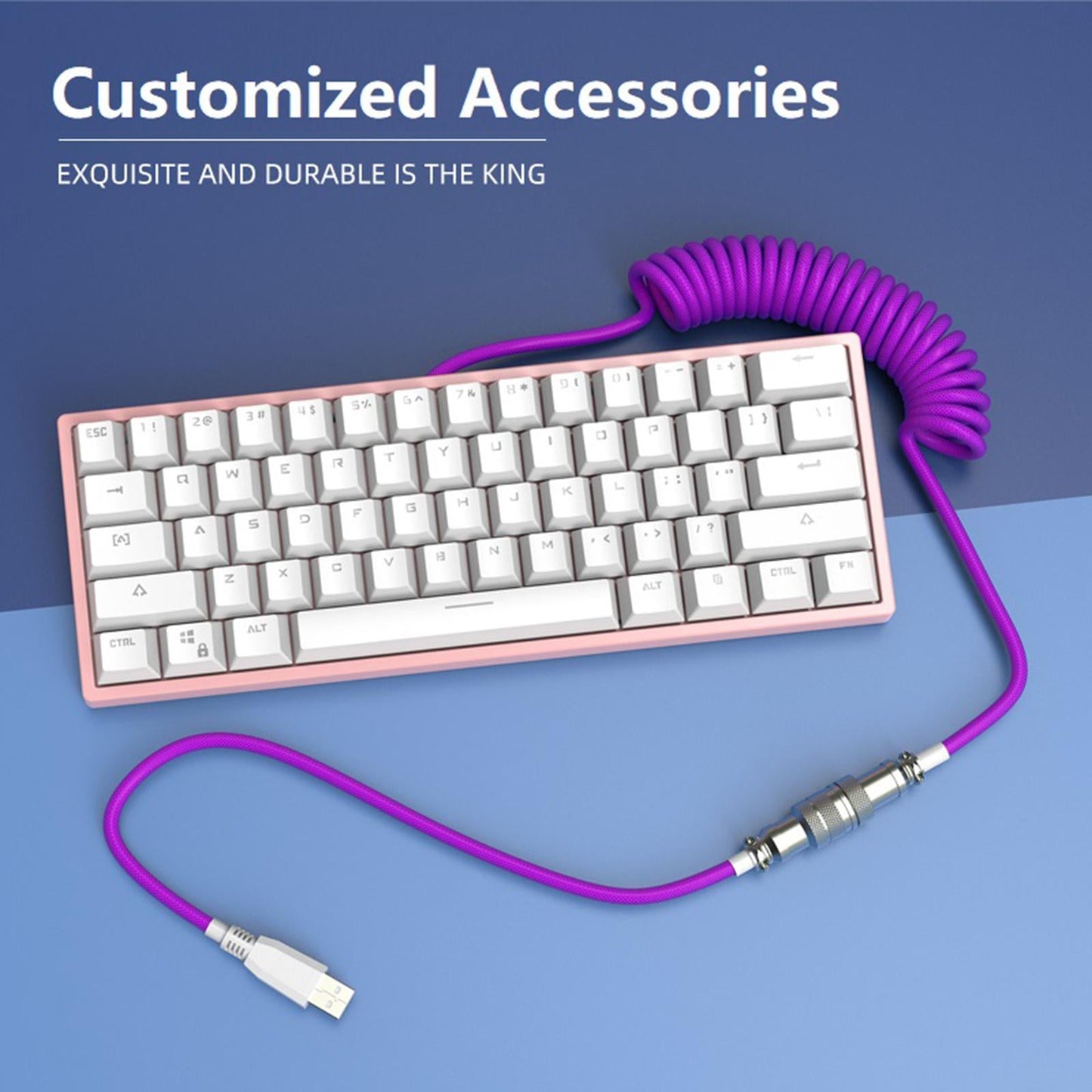 2.2M Type-C Keyboard Cable Coiled USB for Mechanical Keyboard Metal White