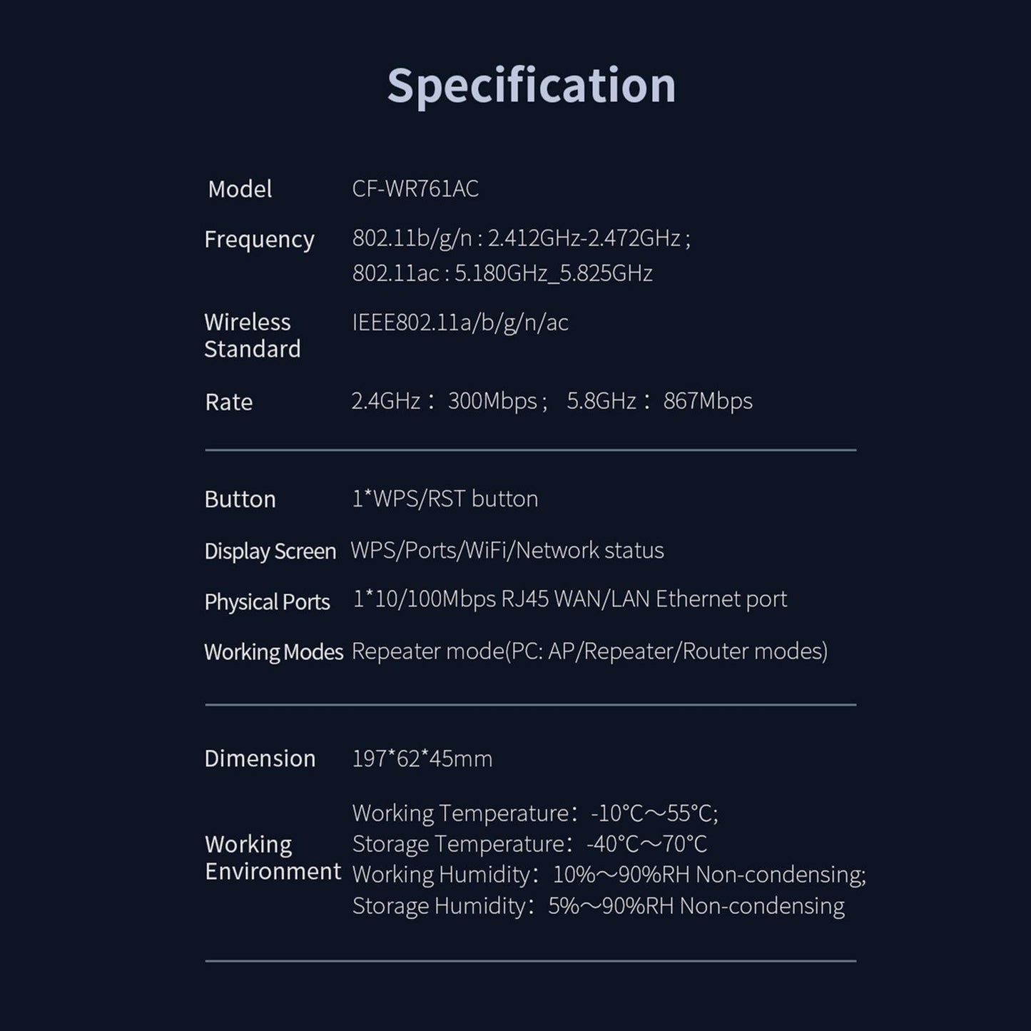 Dual Band WiFi Extender 1200M 2.4/5.8GHz Black for Household Computer Home