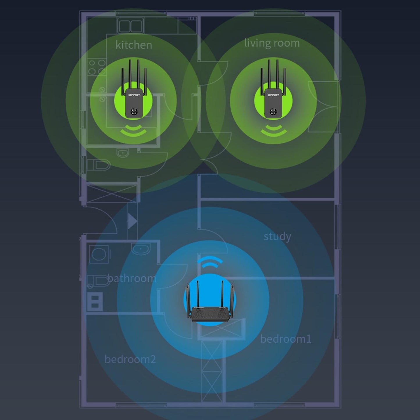 Dual Band WiFi Extender 1200M 2.4/5.8GHz Black for Household Computer Home