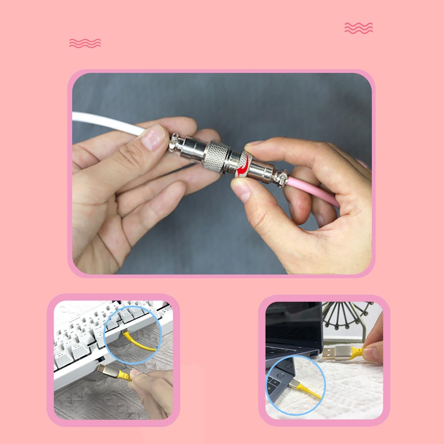 Coiling Spring Spiral Cable Detachable Type-C Cable for Keyboard white pink