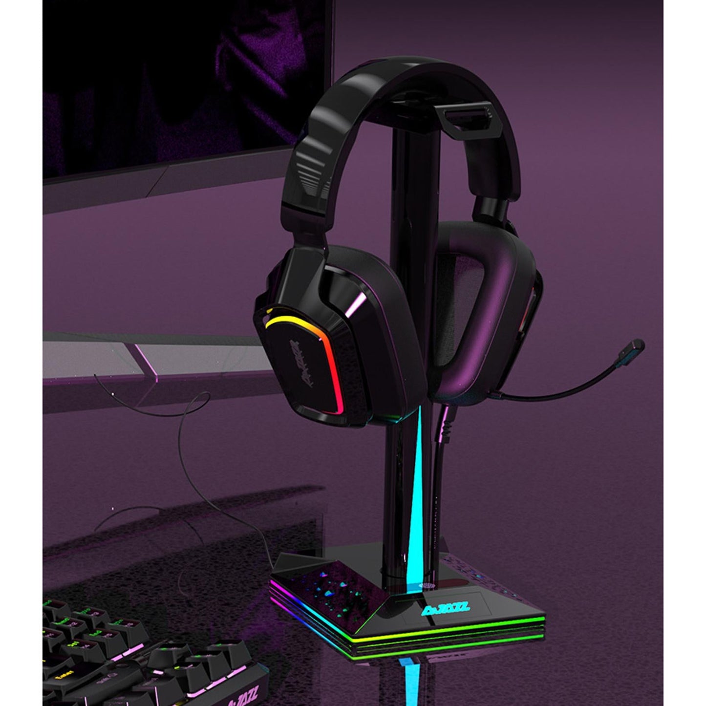 RGB Headphone Stand 2 USB Ports 3.5mm AUX Bse for PC Gaming Headset Black