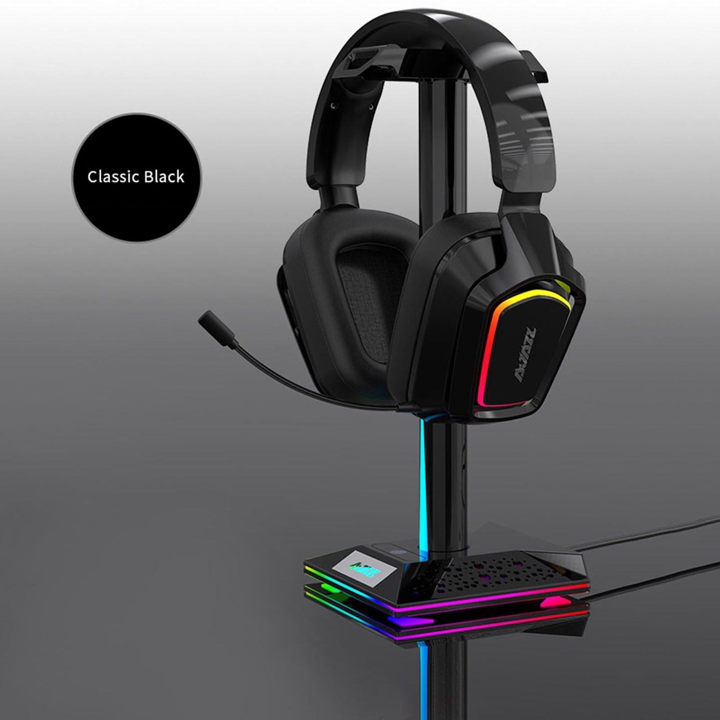 RGB Headphone Stand 2 USB Ports 3.5mm AUX Bse for PC Gaming Headset Black