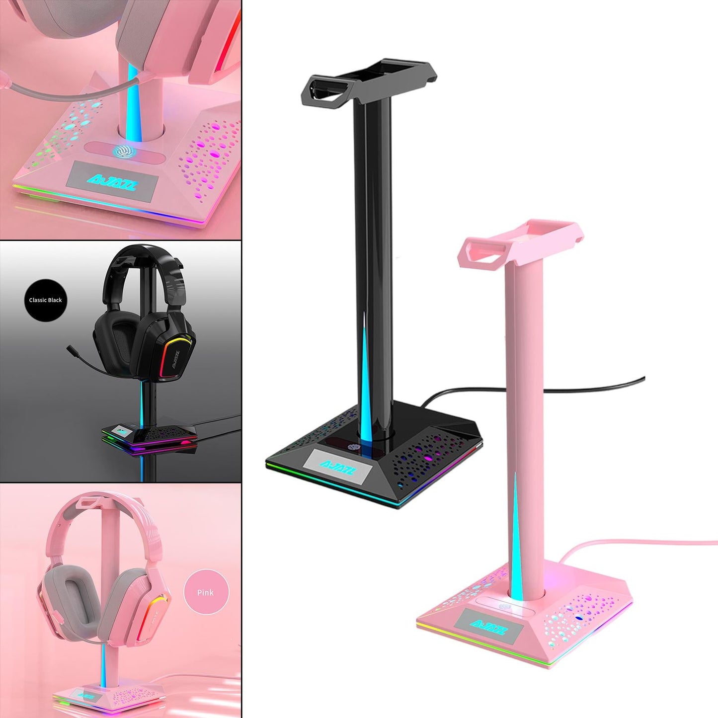 RGB Headphone Stand 2 USB Ports 3.5mm AUX Bse for PC Gaming Headset Black