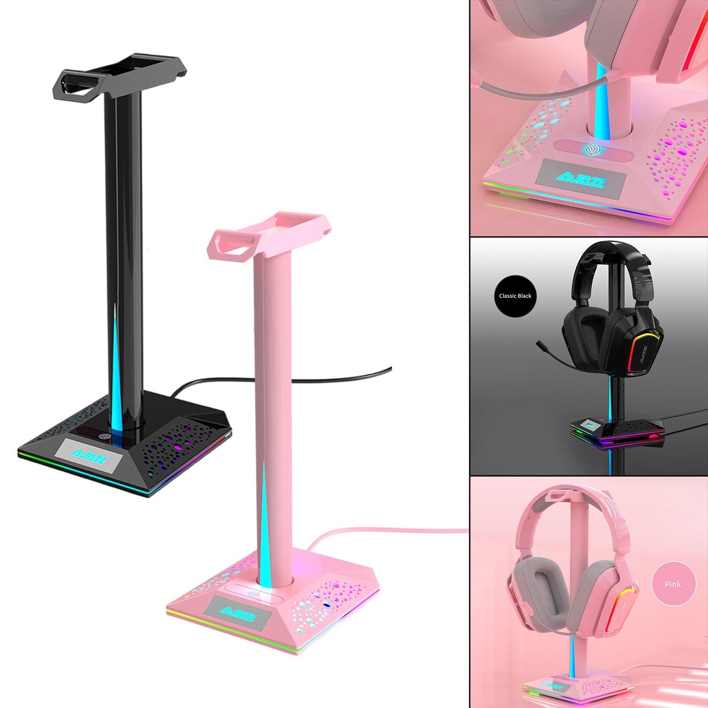 RGB Headphone Stand 2 USB Ports 3.5mm AUX Bse for PC Gaming Headset Black