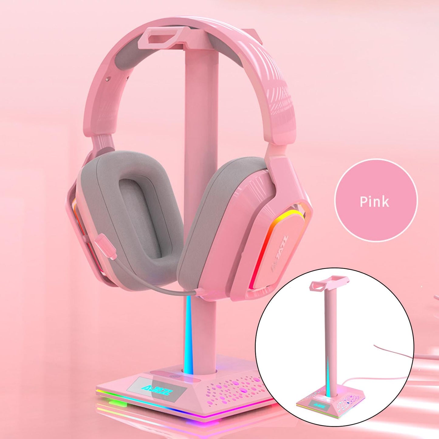 RGB Headphone Stand 2 USB Ports 3.5mm AUX Bse for PC Gaming Headset Pink
