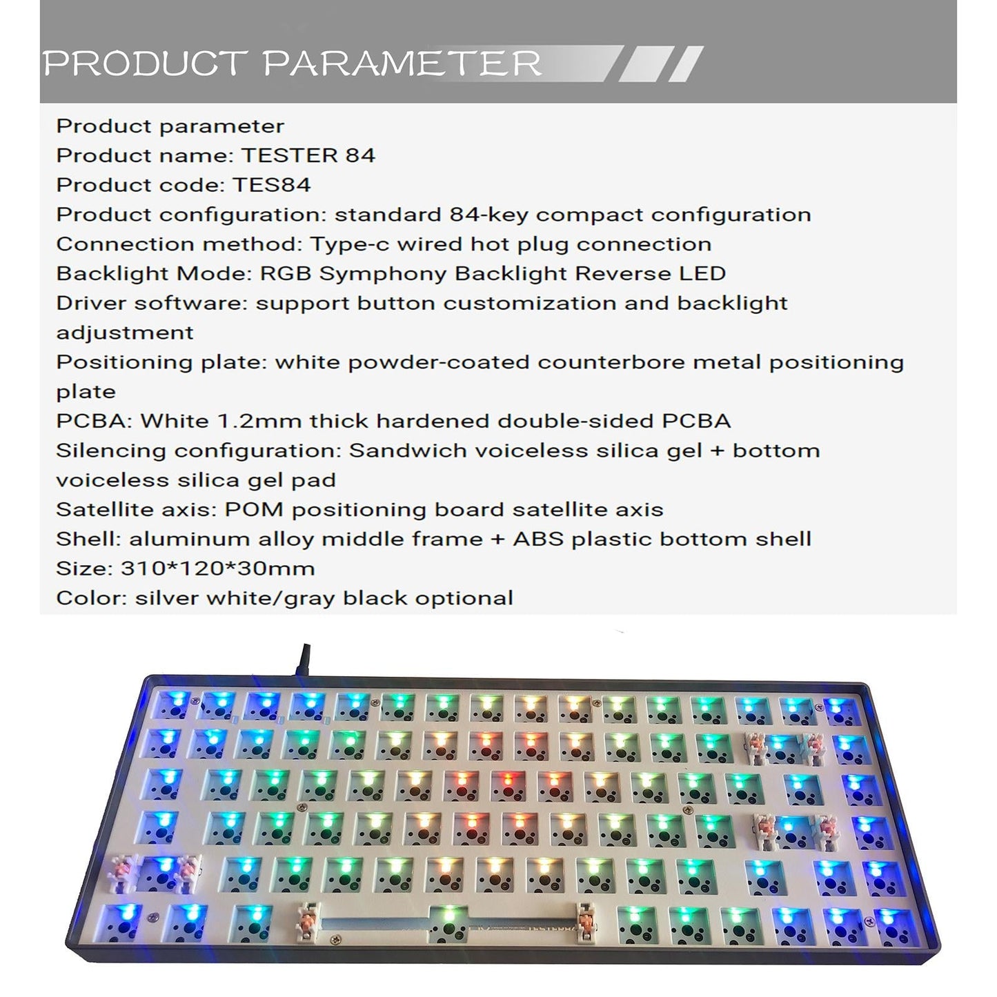 84 Key Modular Mechanical Keyboard Hot-Swappable with RGB light white silver