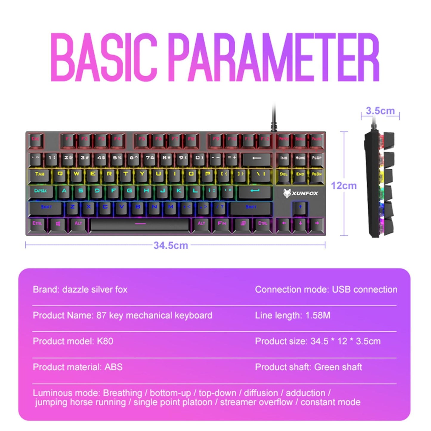 87 Keys Gaming Mechanical Keyboard Wired Rainbow Backlit Durable Non Slip A