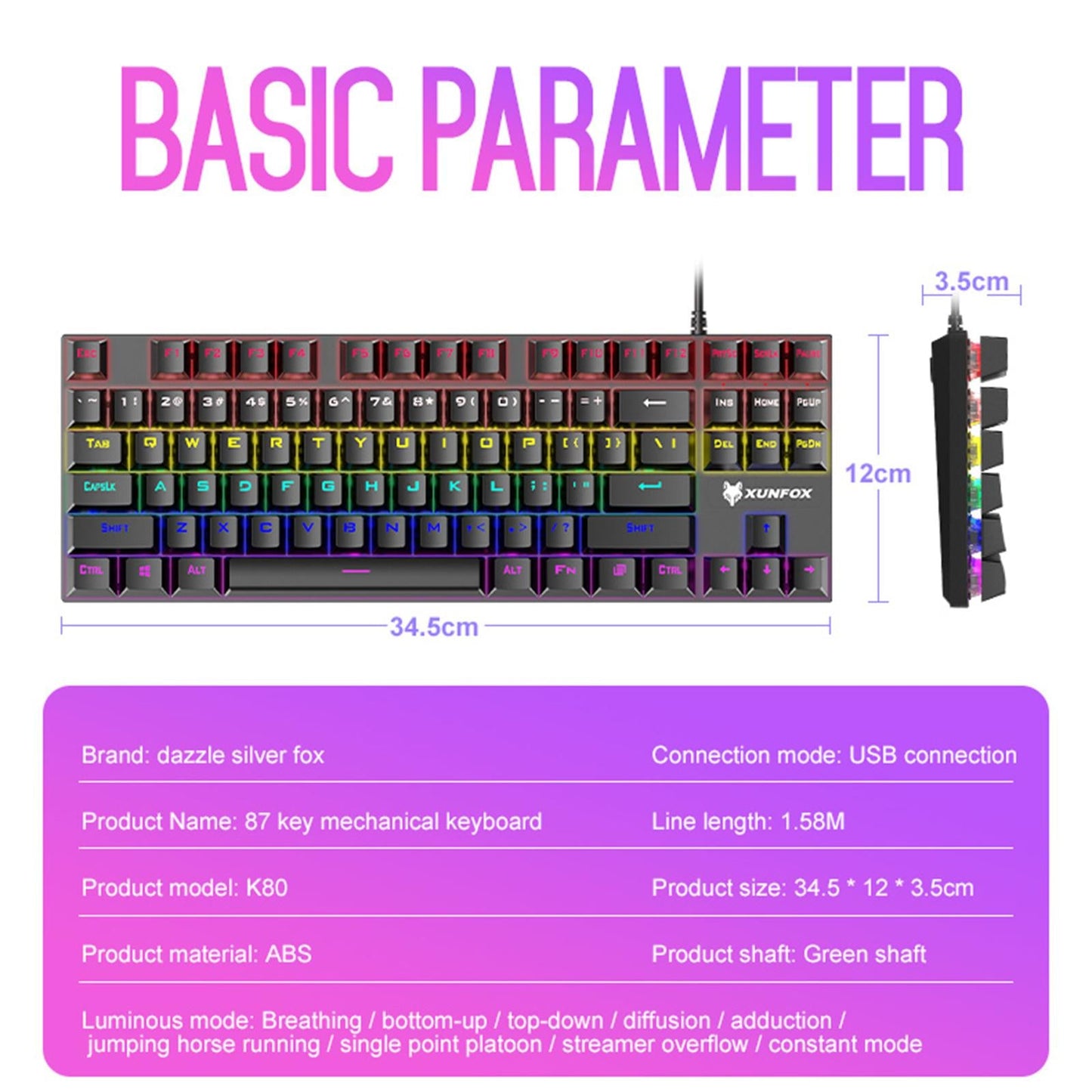 87 Keys Gaming Mechanical Keyboard Wired Rainbow Backlit Durable Non Slip B