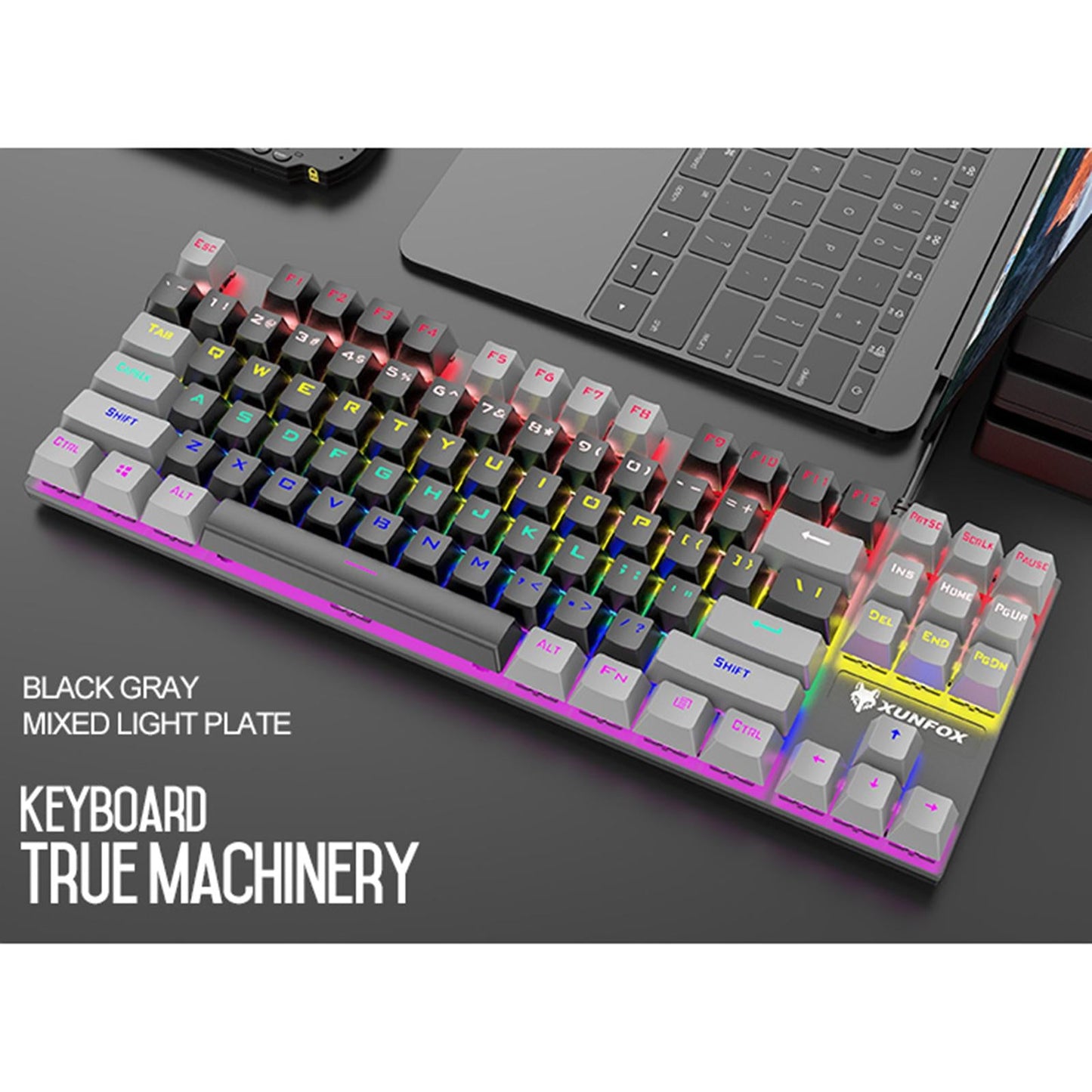 87 Keys Gaming Mechanical Keyboard Wired Rainbow Backlit Durable Non Slip D