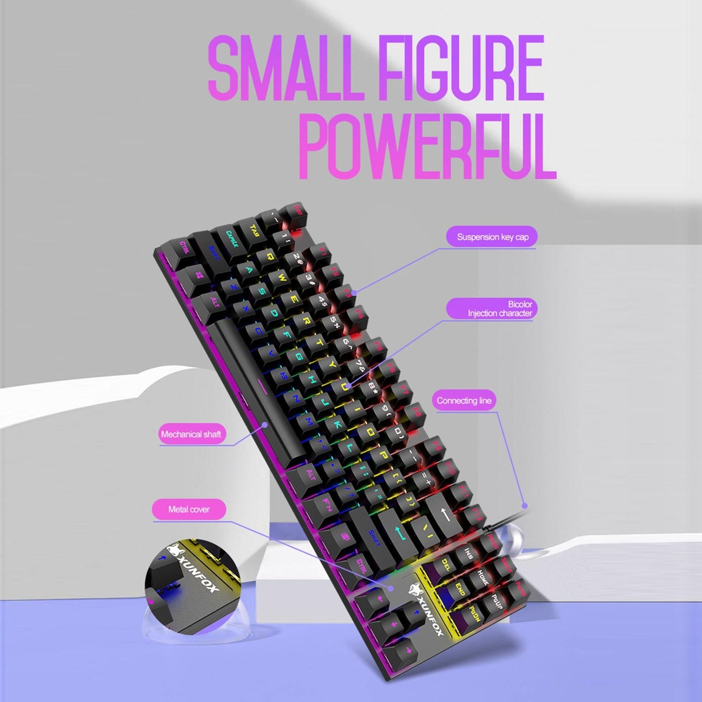 87 Keys Gaming Mechanical Keyboard Wired Rainbow Backlit Durable Non Slip G