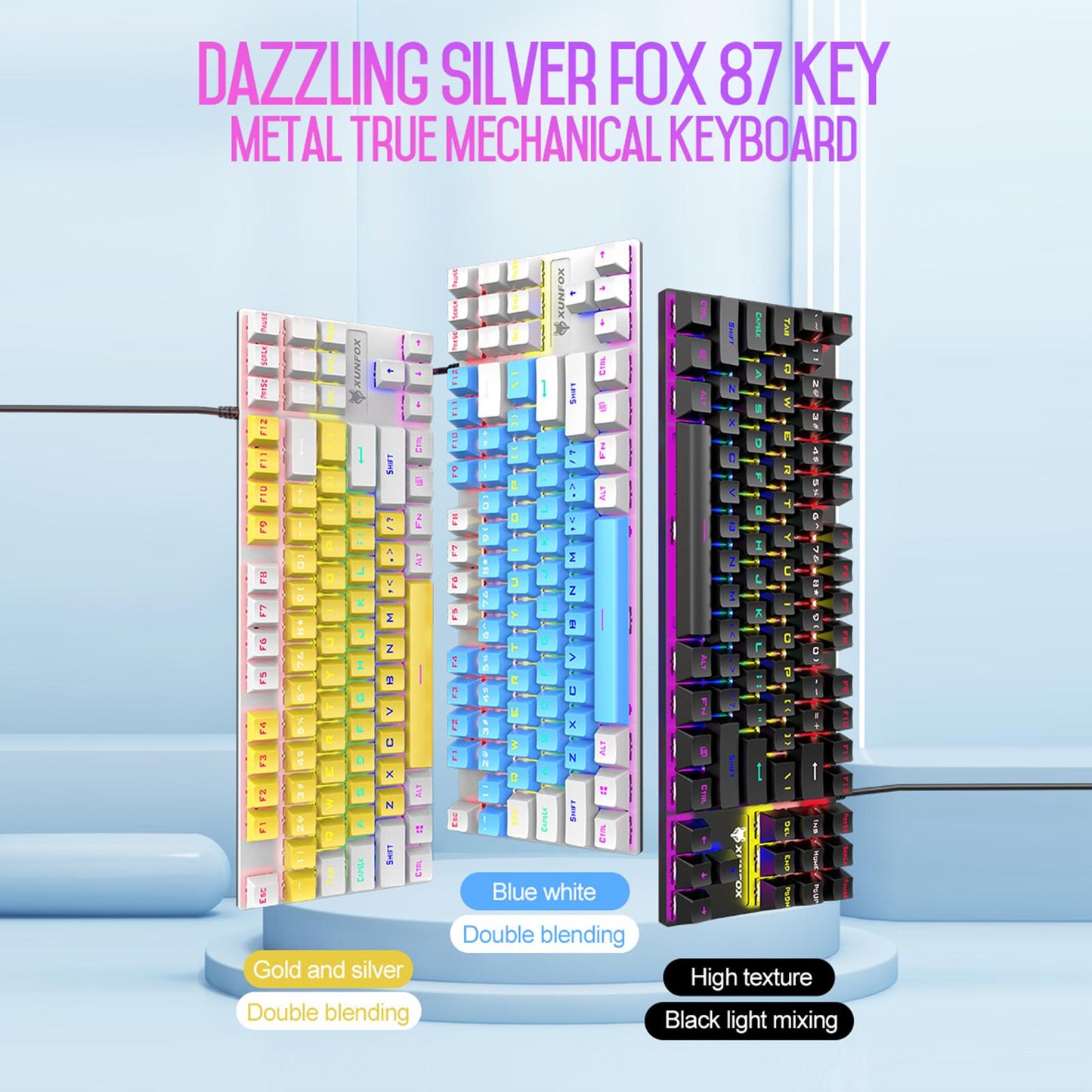 87 Keys Gaming Mechanical Keyboard Wired Rainbow Backlit Durable Non Slip H