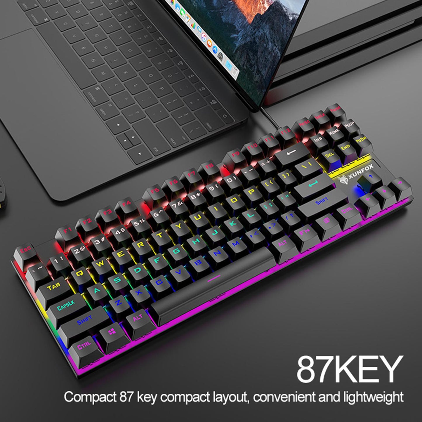 87 Keys Gaming Mechanical Keyboard Wired Rainbow Backlit Durable Non Slip I
