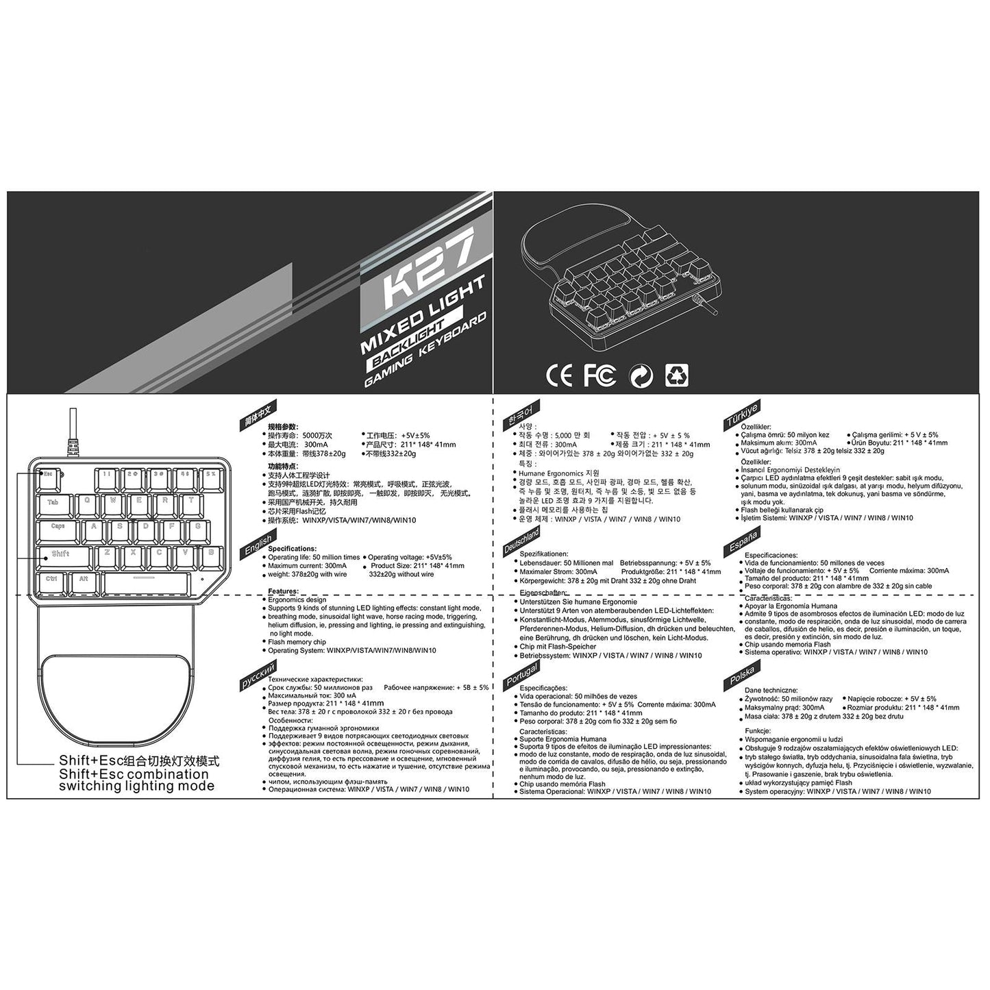 K27 One Handed USB Mechanical Gaming Keyboard 27 Keys for Laptop for Android Red Switch