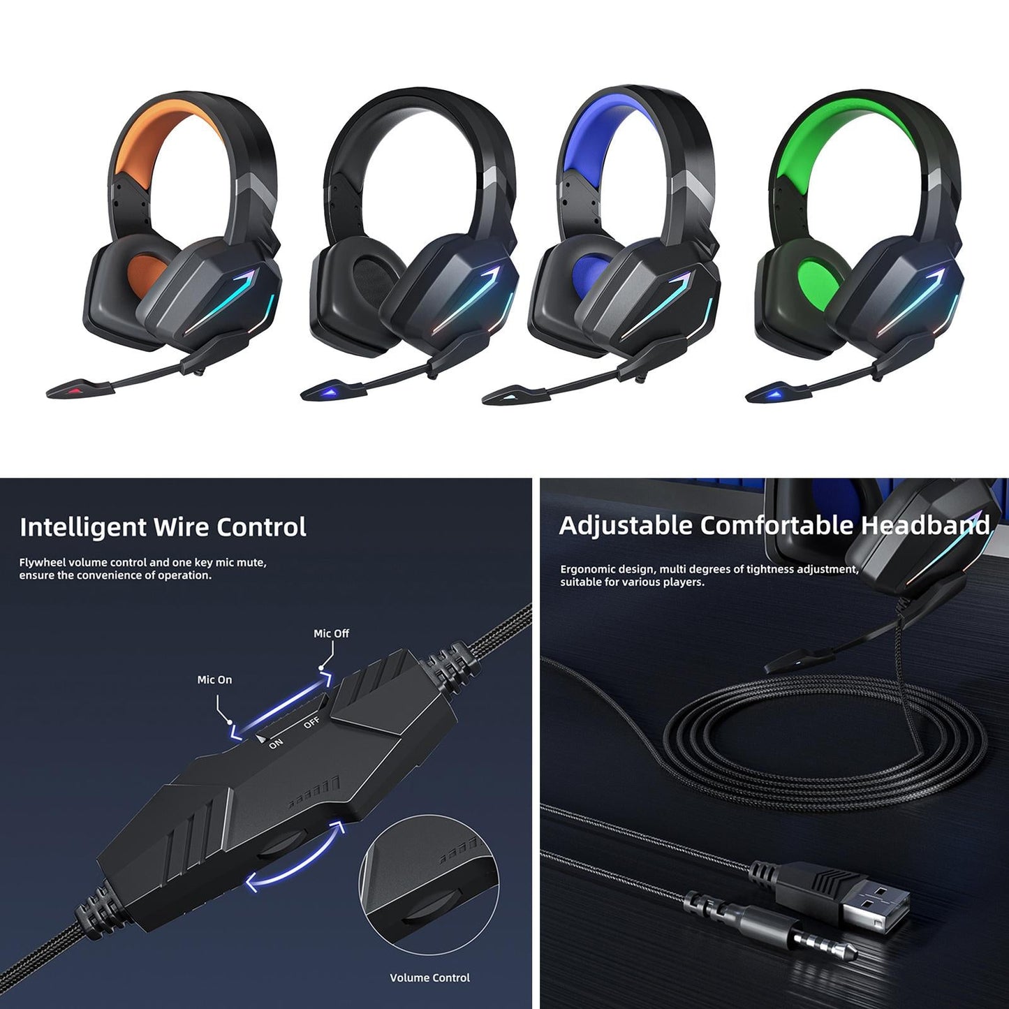 Wired Headset 3.5mm Surround Sound Adjustable for Game Teaching Black Orange