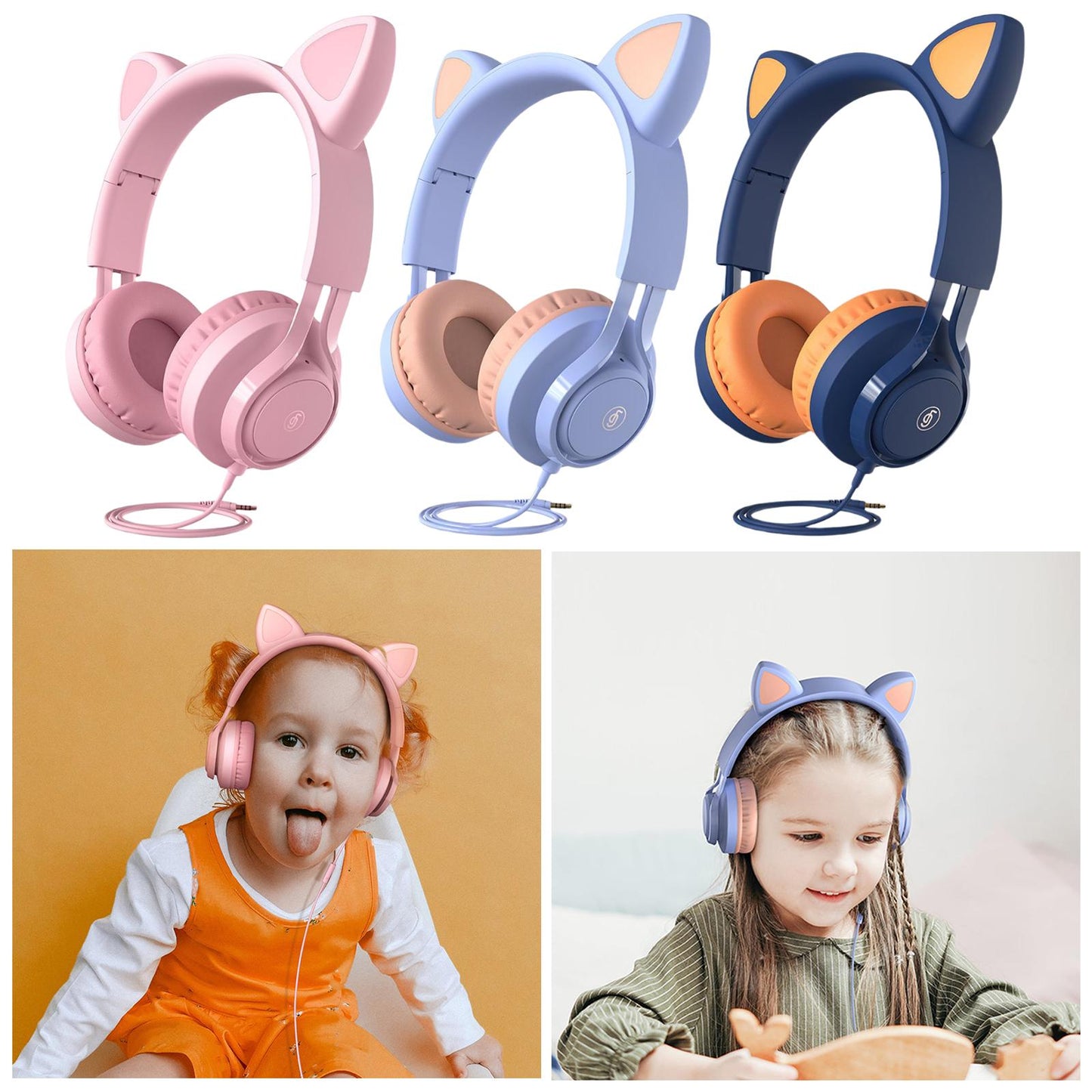 Cat Ear Kids Wired Headphone Earmuffs Adjustable Headband for Children Adult pink