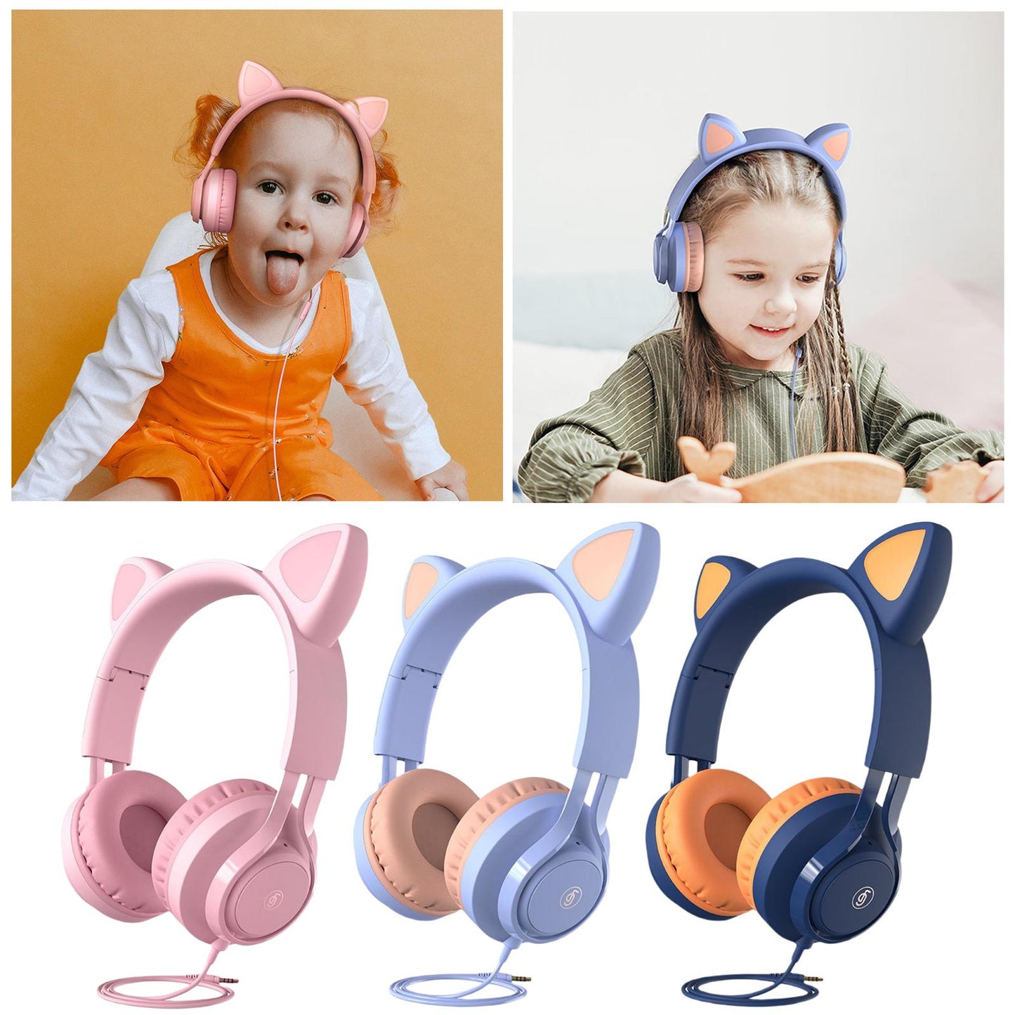 Cat Ear Kids Wired Headphone Earmuffs Adjustable Headband for Children Adult pink