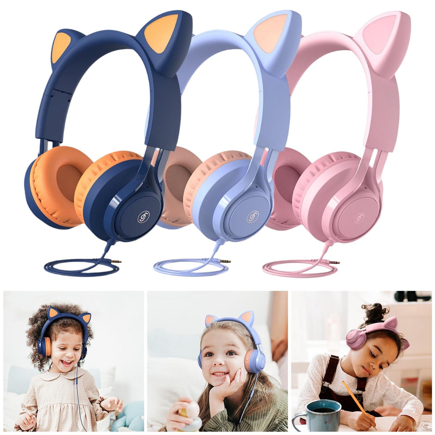 Cat Ear Kids Wired Headphone Earmuffs Adjustable Headband for Children Adult pink