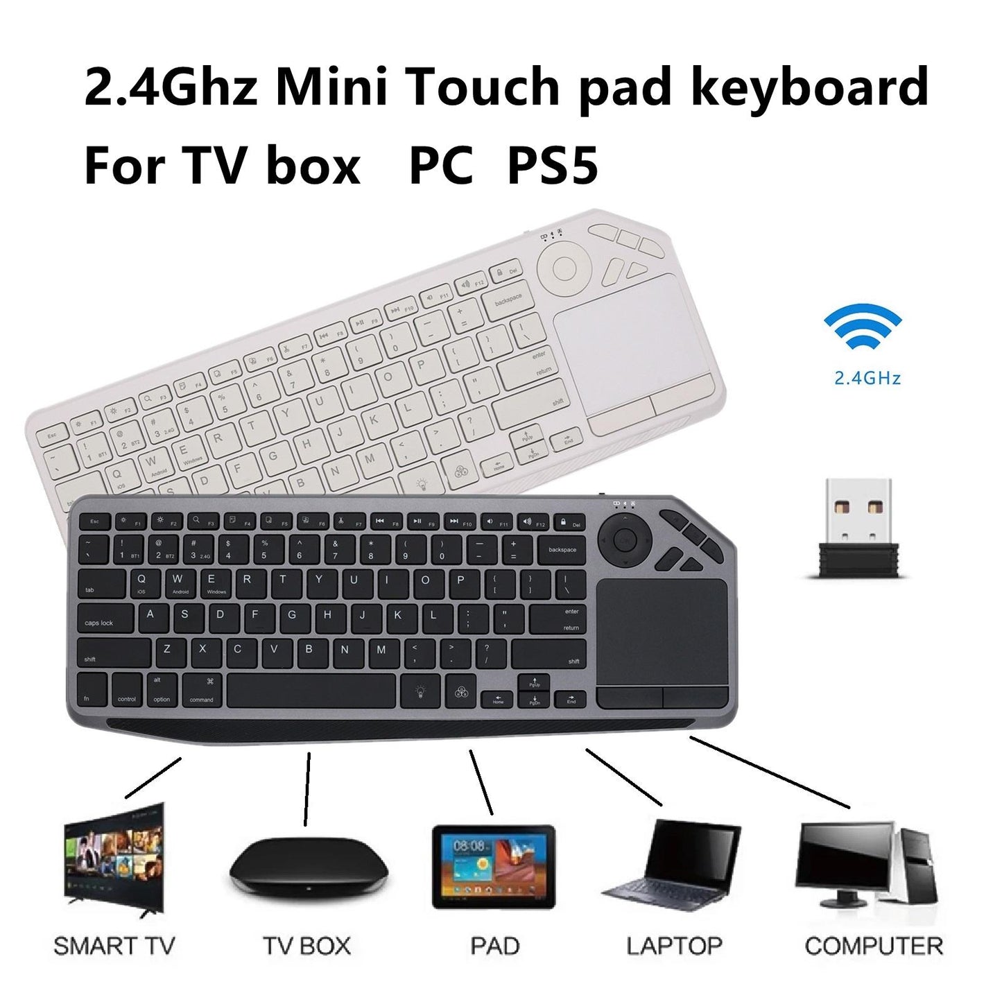 Mini Bluetooth+2.4G Wireless Keyboard with Touchpad for TV Tablet White