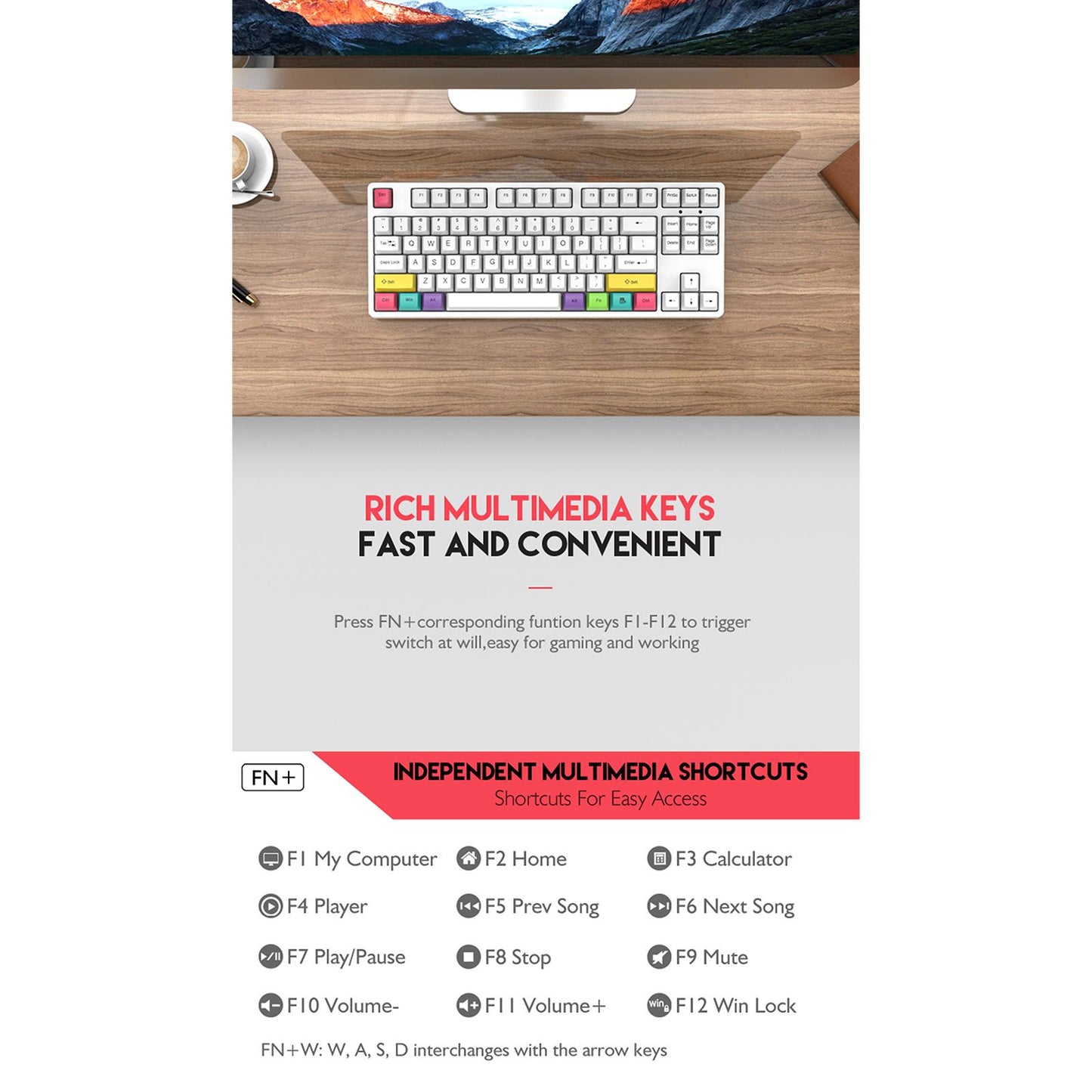 87Keys RGB Wired Mechanical Keyboard Detachable for Gaming Home Red Switch