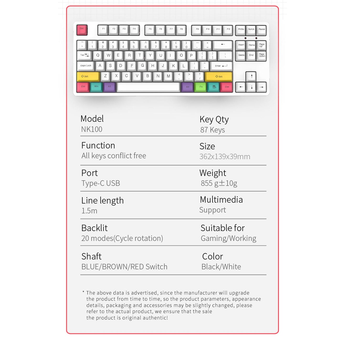 87Keys RGB Wired Mechanical Keyboard Detachable for Gaming Home Red Switch